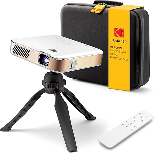Kodak Proyector portátil Luma 450 nativo de 1080p - 150 lúmenes ANSI, Wi-Fi, Bluetooth, HDMIUSB, soporta entrada 4K, incluye funda, pantalla de