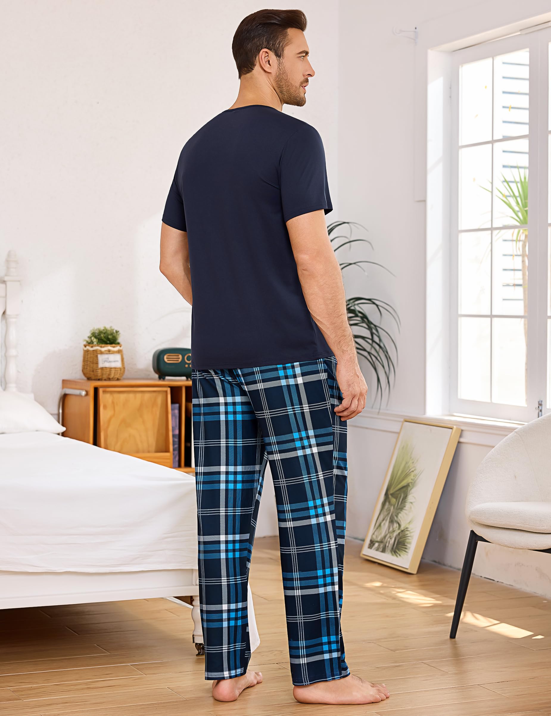 Bresdk Pijama Hombre Invierno Algodón Conjunto de Pijamas con Camiseta Manga Corta y Largos Pantalones con Bolsillos y Cordón 2 Piezas S-3XL