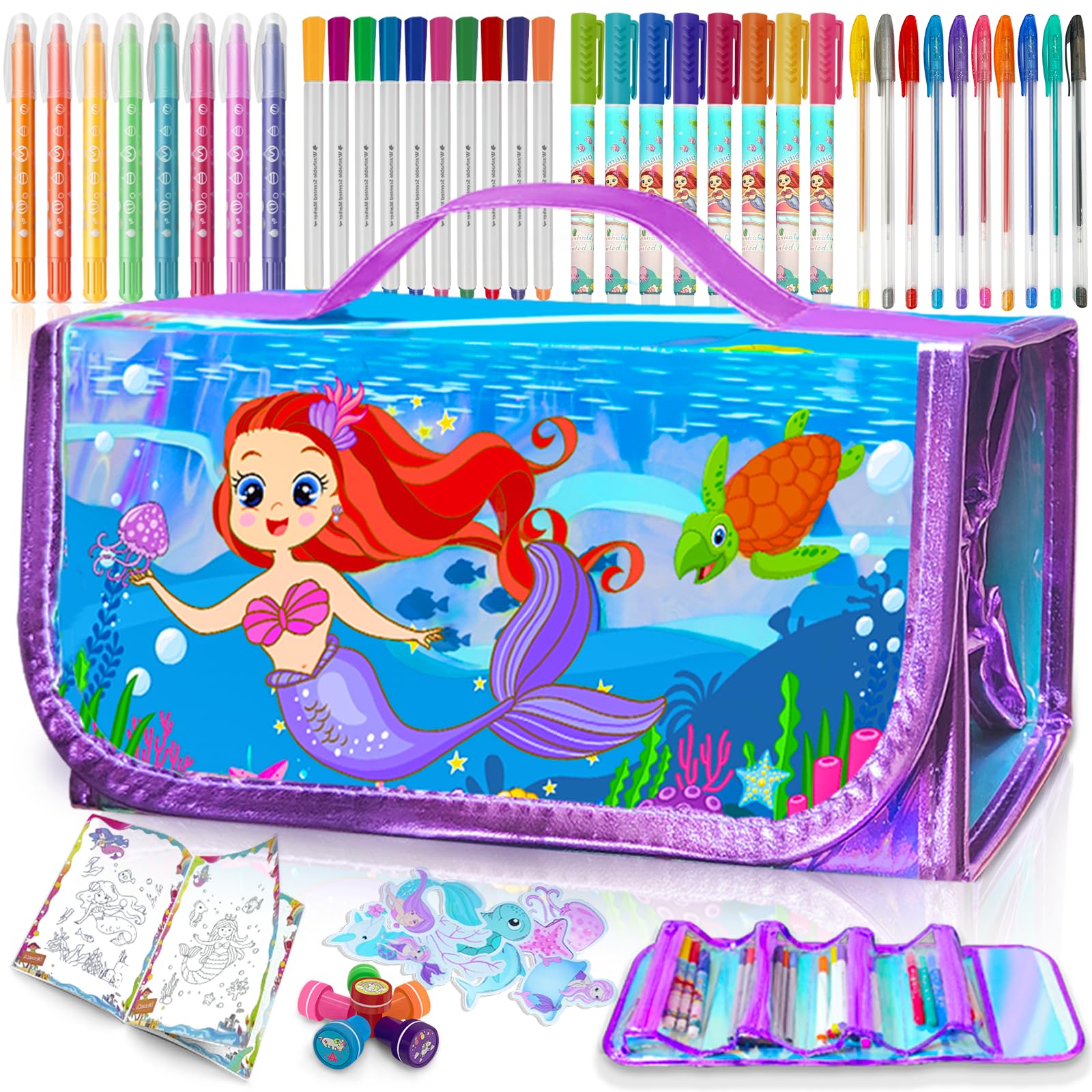 56 PCS Washable Scented Markers Set with Glitter Pencil Case, Mermaid Unicorn Arts and Crafts for kids 4-6-8 Kids Coloring Drawing Kits for 4-8 Years Old Girls Birthday Gifts (Mermaid, 56)