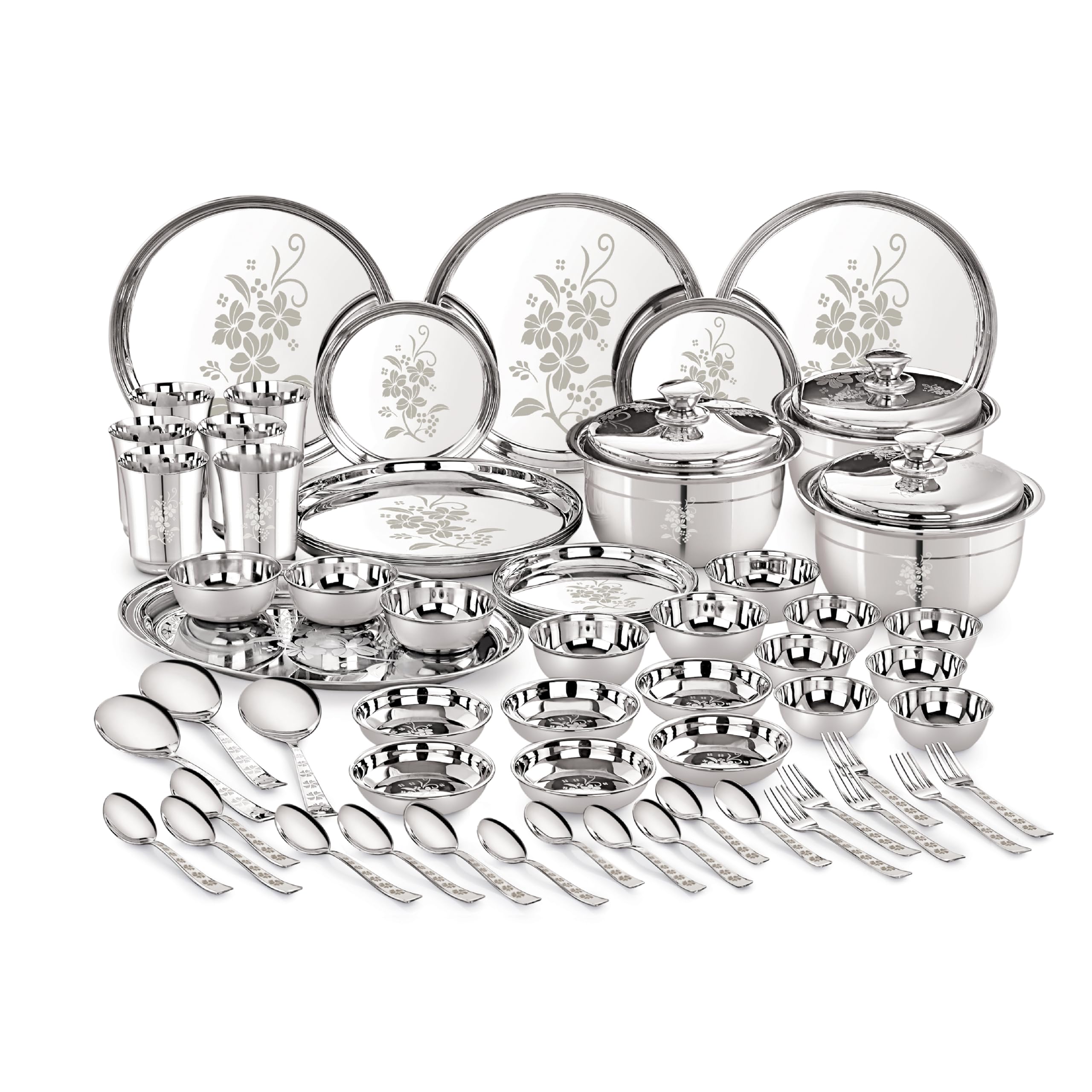 Neelam Designer Stainless Steel Shagun Dinner Set, 70 Pcs, Laser Printed, Dishwasher Safe, Ideal Gifting Dinner Set, Ideal for Special Occasions Like Anniversary, Wedding, Housewarming Party, Silver