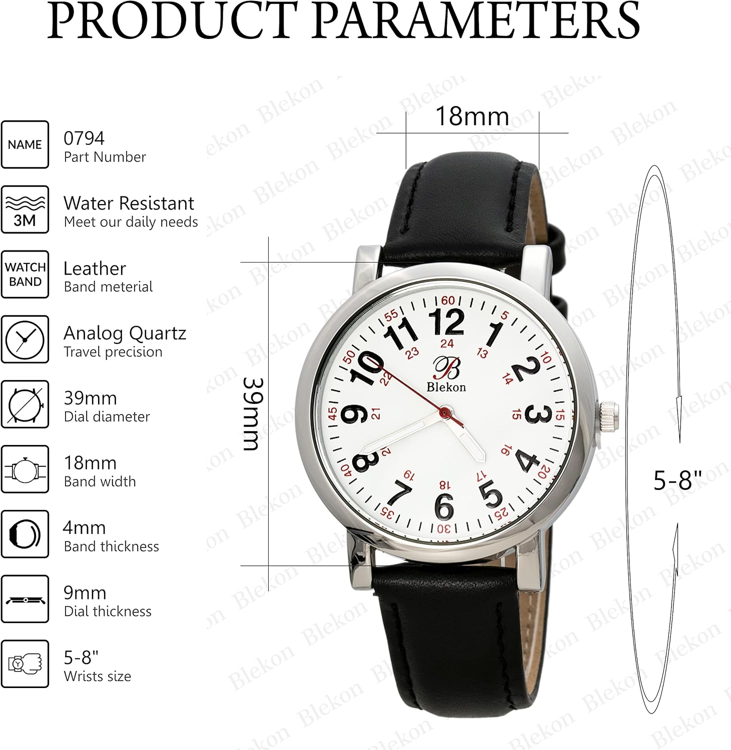 Blekon Original Nurse Watch for Medical Professionals and Students – Various Leather Colors, Easy Read Dial, Military Time with Second Hand, Leather Band, 3 ATM Water Resistant…