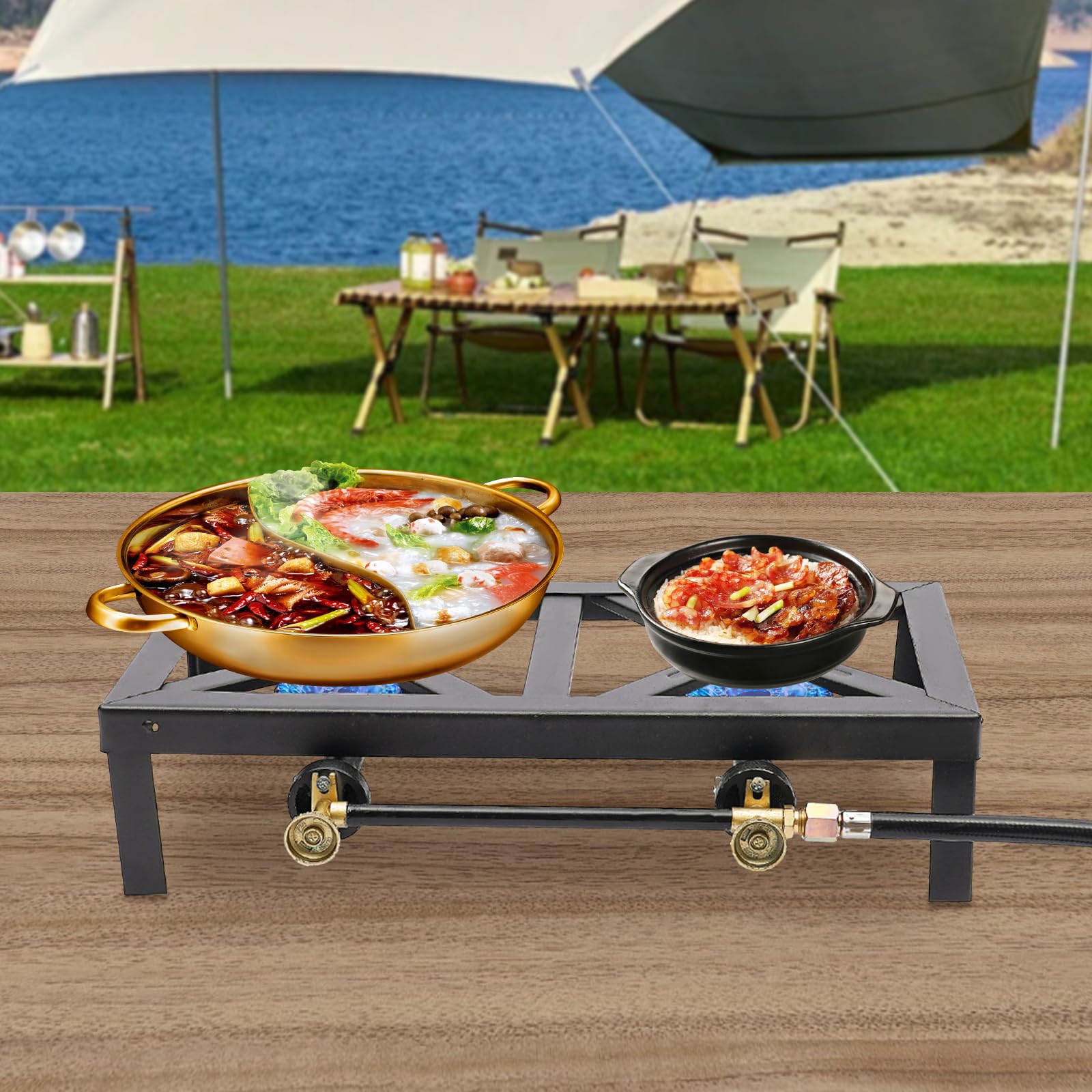 Double brûleur pour pique-nique, Réchaud à Gaz de Camping, en Fonte, 8000W Cuisinière à gaz Double Portable, avec Régulateur Pression 0-10 PSI, pour Cuisine Extérieur et Barbecue, Cuisine