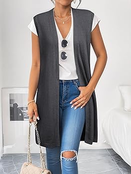 ZXZY Women Casual Sleeveless Open Front Tunic Vest Long Cardigan