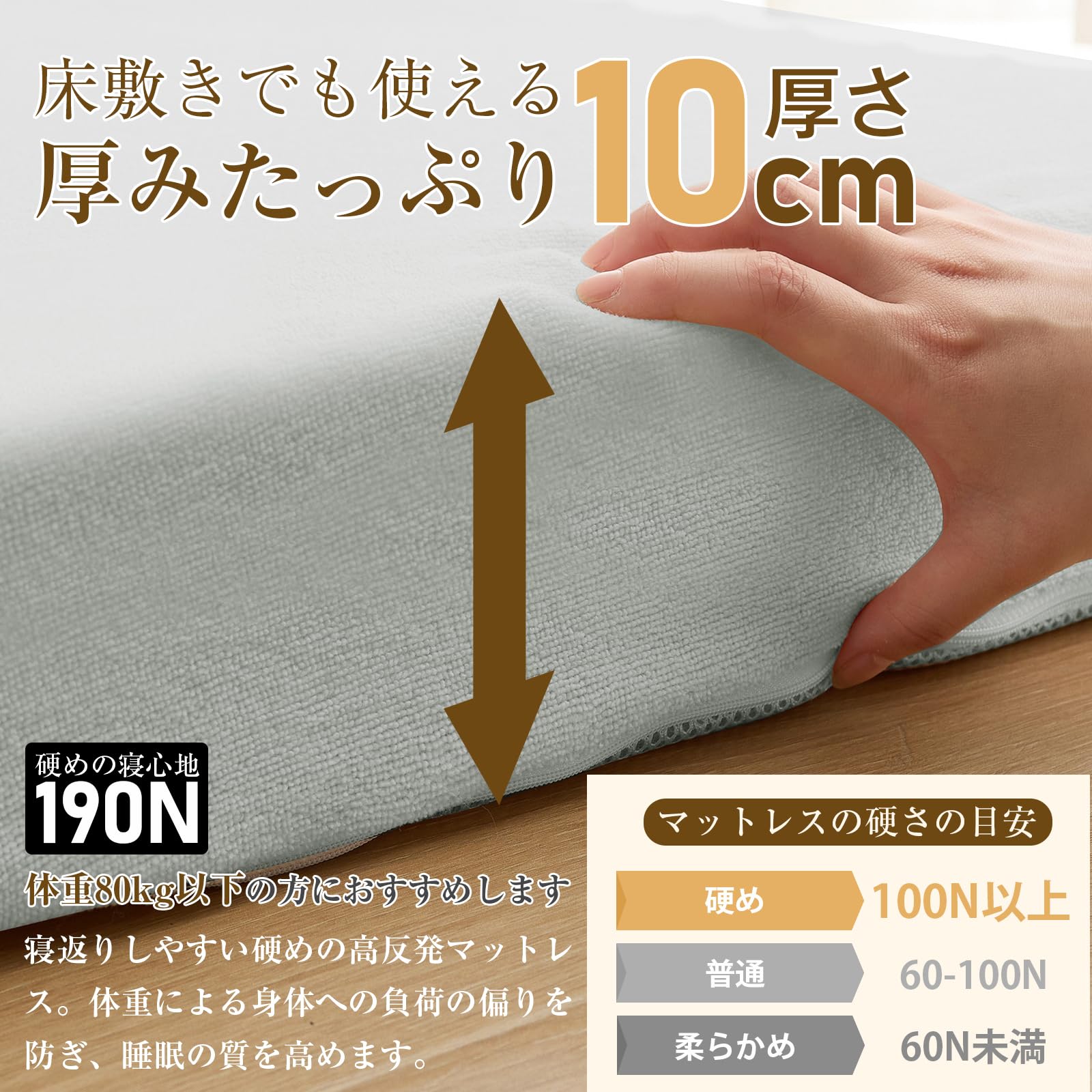 Amazon｜マットレス シングル 三つ折り 極厚10cm 硬さ190N 24D高