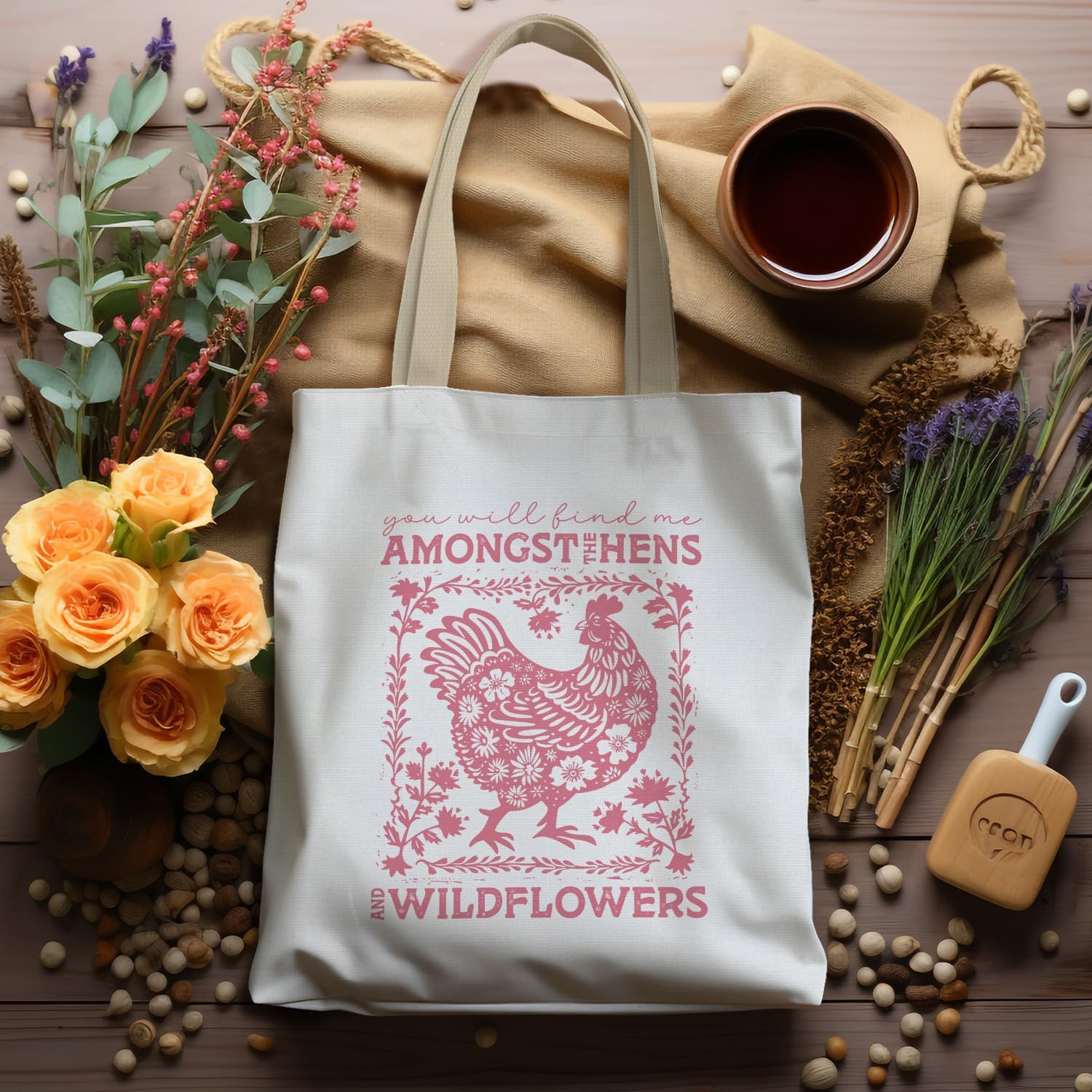Chicken Tote Bag, Farmhouse Hens and Wildflowers Cottagecore Canvas Tote Bags for Women, Reusable Grocery Bags image 5