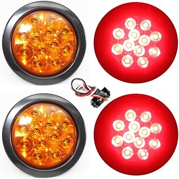 NEW Sparkling 2 Clear Lens Red + 2 Amber Round 4" LED Lights Stop Brake Turn Tail Signal for Truck Trailer RV
