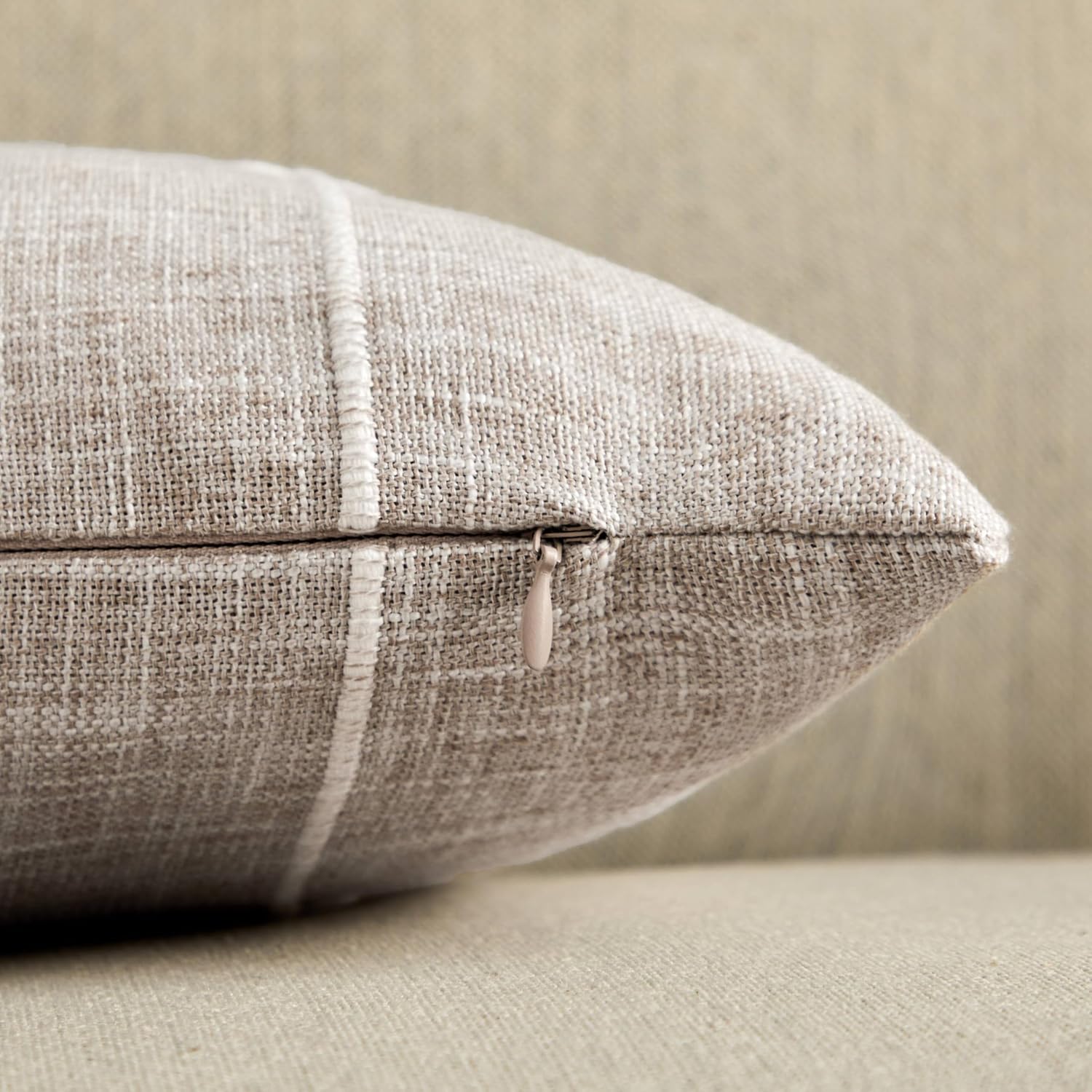 2 Packs Grid Embroidery Lumbar Throw Pillow Covers, 12x20 Inch Taupe, Farmhouse Linen Decorative Light Brown Cushion Covers for Sofa Bed Living Room Home Decor - Image 3