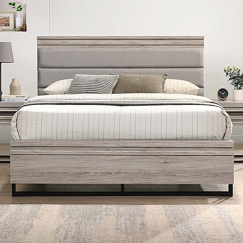 Miniatura 3 de Roundhill Furniture Alvear Cama tapizada de madera con luces LED blancas, 2 mesitas de noche, Queen, gris desgastado