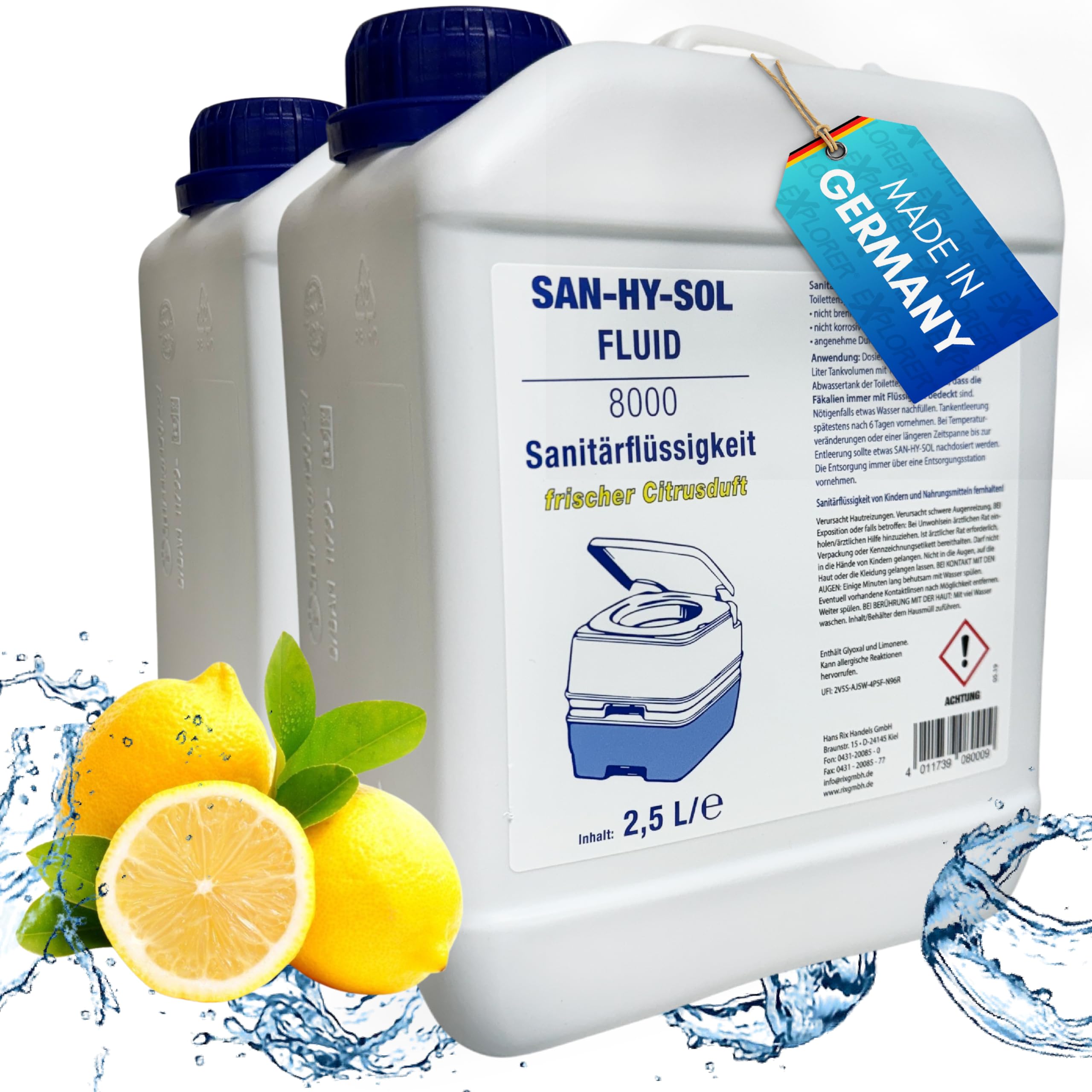 EXPLORER® San-Hy-Sol Sanitärflüssigkeit Campingtoilette Made in Germany 2,5L bis 15L mit frischem Zitronenduft Temperaturbeständig & Wirkungsvoll