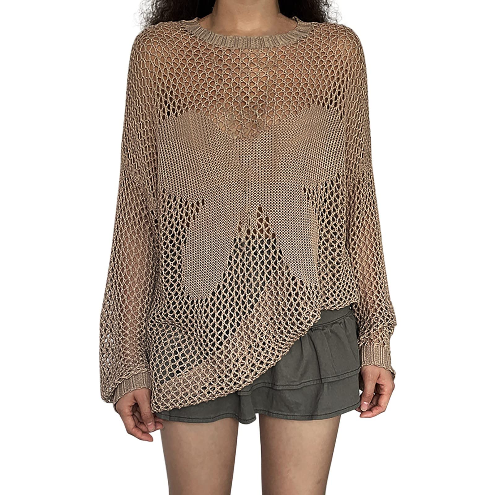 Shell Plus Size Womens Butterflies Cropped Knit Top Long Sleeve Crochet Hollow Out Crewneck Sweater Crop Tops Cute Tops Plus (Khaki, L)