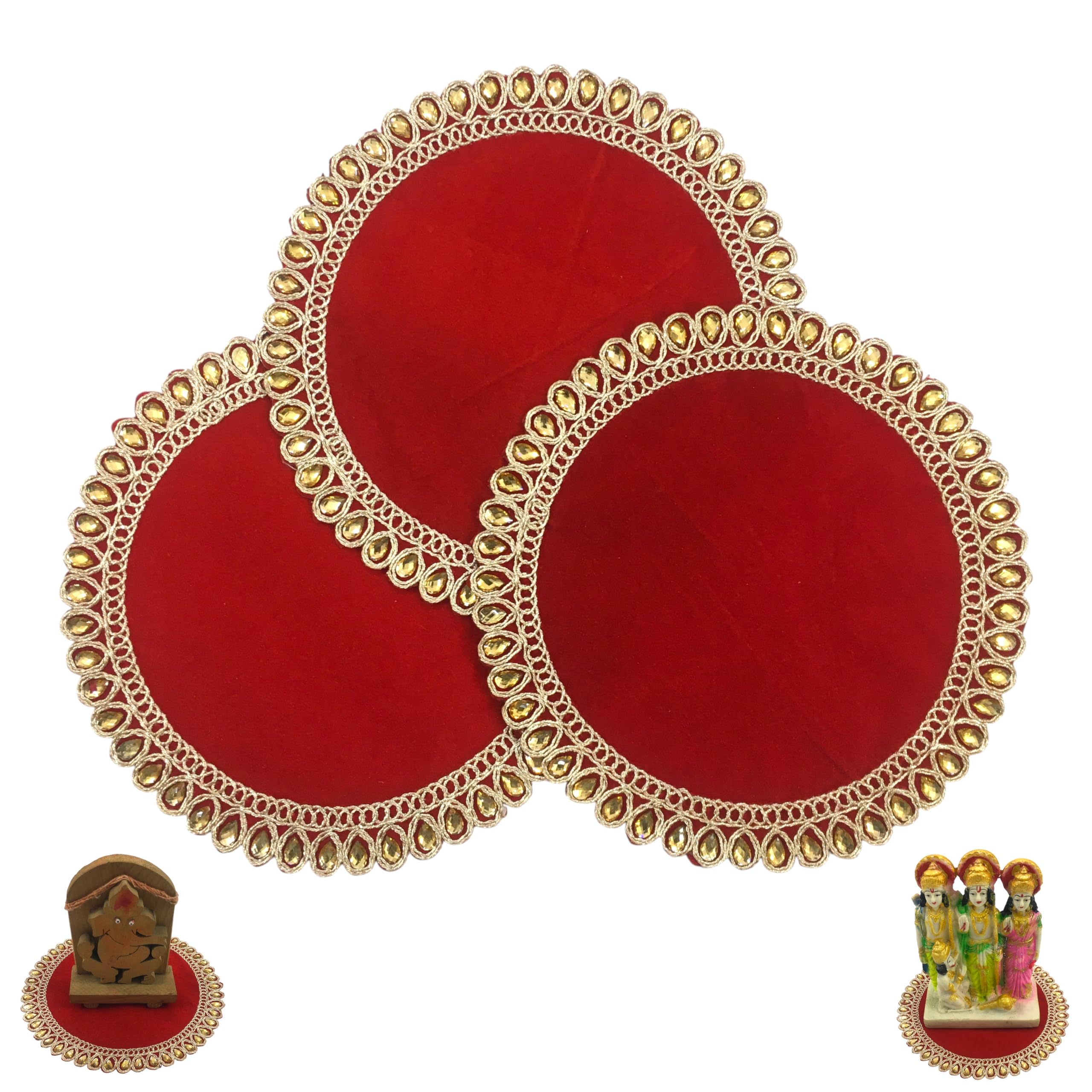Red Velvet Embroidery Stone Work Puja Asan, 6x6 Inch, for Krishna Ji, Matarani, Ganpati and Ram Festival-image-42