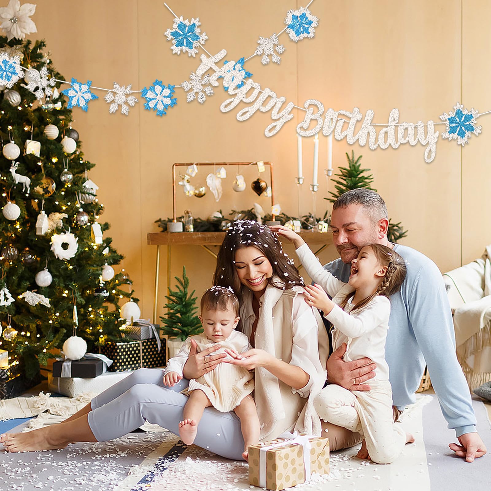 2PCS Banner Copos Nieve de Feliz Cumpleaños, Glitter Snowflake Decorations, Guirnalda Decoración de Copos de Nieve, Azul y Blanco Decoración Fiestas Cumpleaños Infantiles Fiesta Chicas