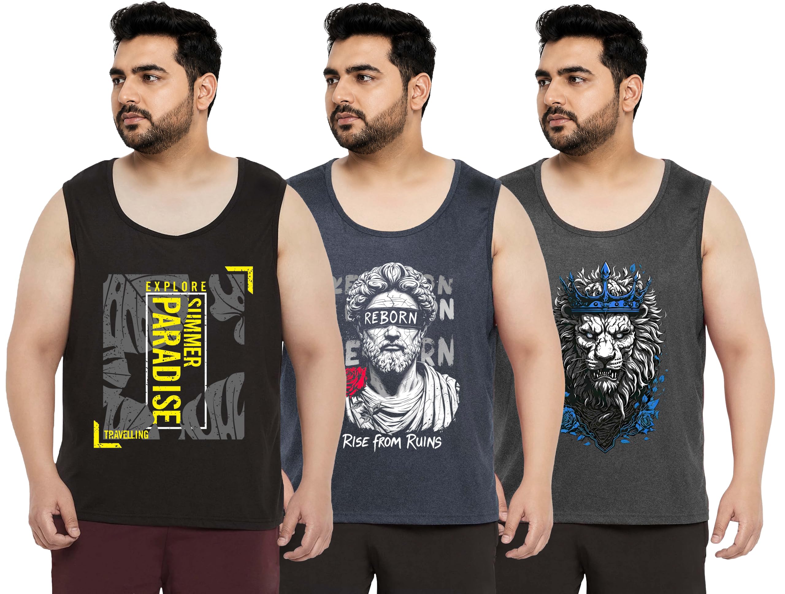 Cotton Printed Plus Size Vest for Men | Round Neck, Regular Fit, Sleeveless Plus Size | Men's Tank Top | 3XL, 4XL, 5XL | Perfect for Workouts Gym | A13 | Combo Pack of 3-picture-50