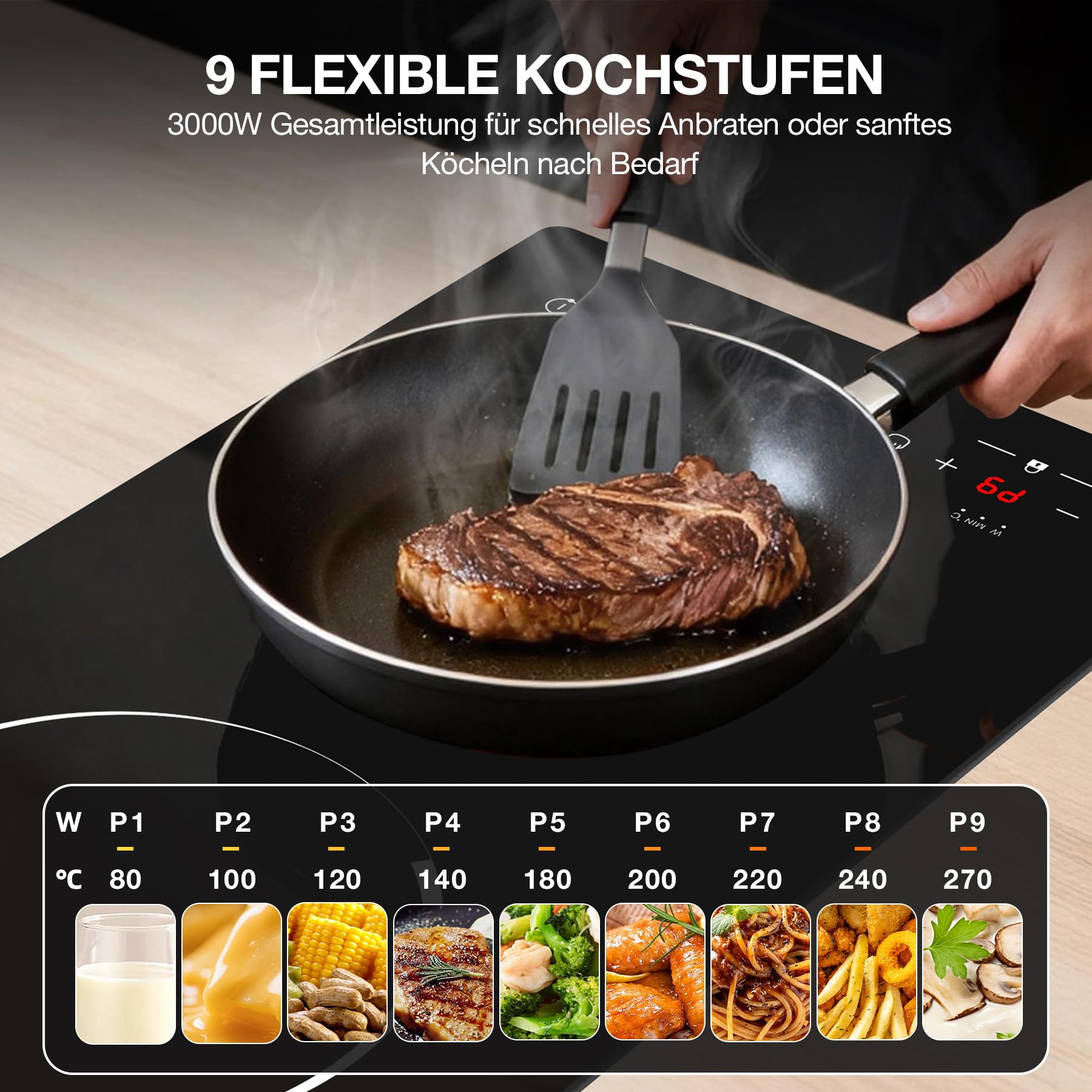 Induktionskochfeld 2 Platten 3000W, Domino Elektrokochfeld 30cm Einbau und Freistehend, Tragbare Doppelkochplatte mit Timer & Restwärmeanzeige für Studio, Kleine Küche und Wohnmobil
