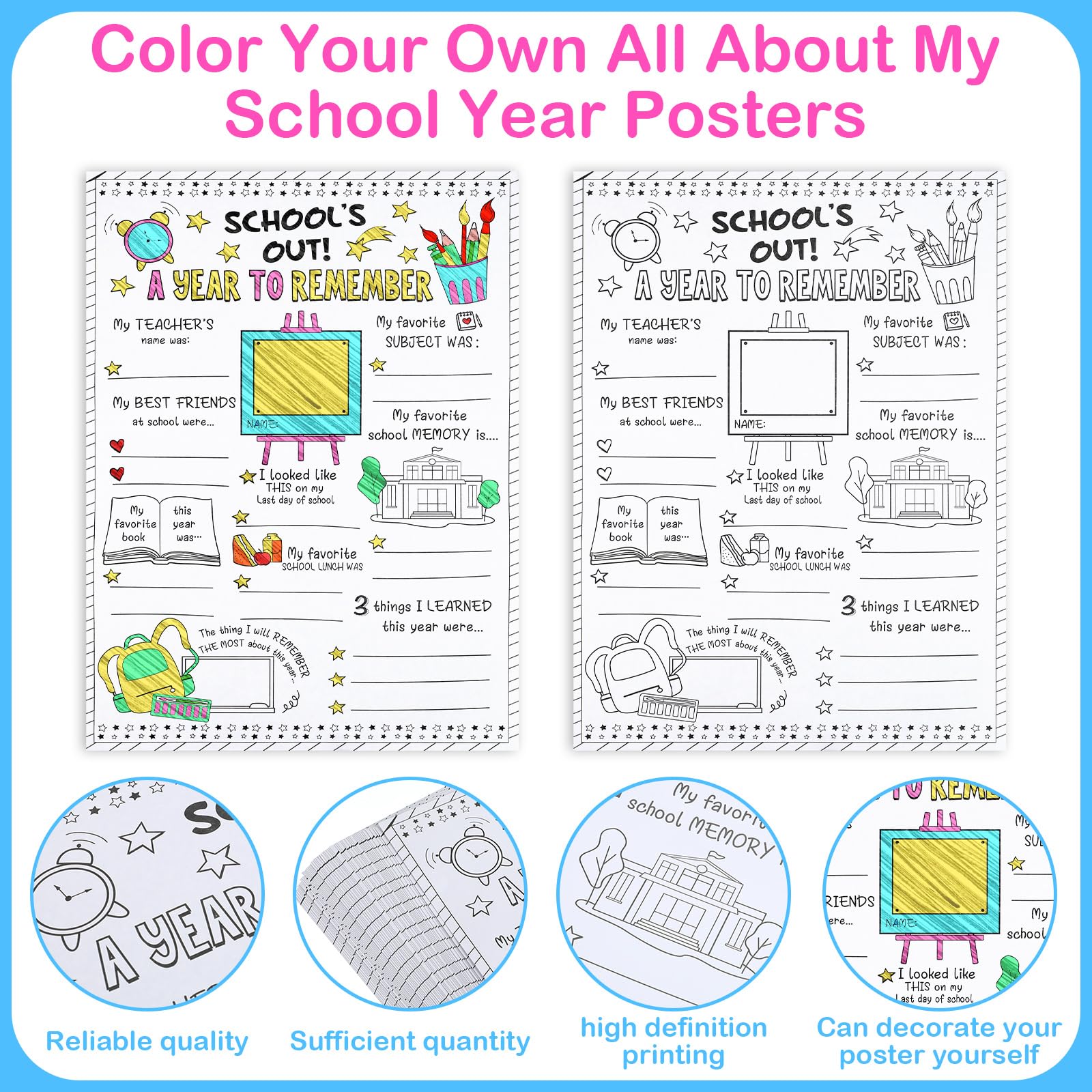 Tenceur 60 Pcs All About My School Year Posters Color Your Own End of School Year Classroom Posters Coloring Posters for Gift from Teacher for Kids Elementary Kindergarten Preschool Supplies - Image 3