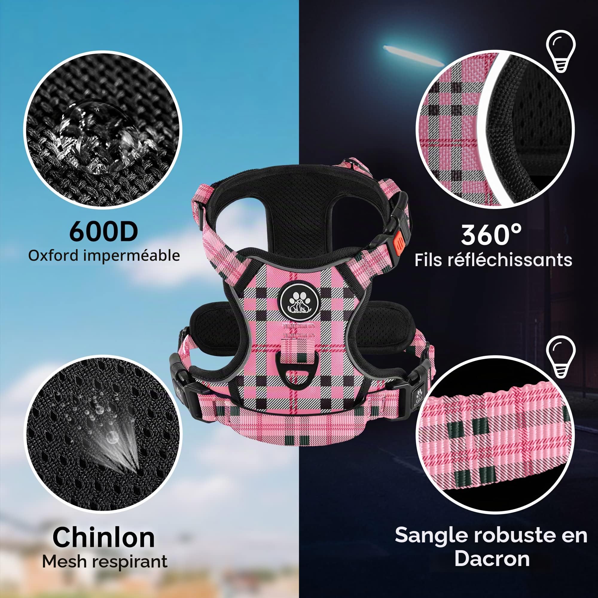 NESTROAD Colliers, Harnais Veste et Laisses Anti Traction pour Chiens Moyen, Couleur Rose Plaid Taille M Arnet pour Chien Le Cou 33~43CM Poitrine 43~64CM, Harnais Chien Voiture, Accessoire Chien
