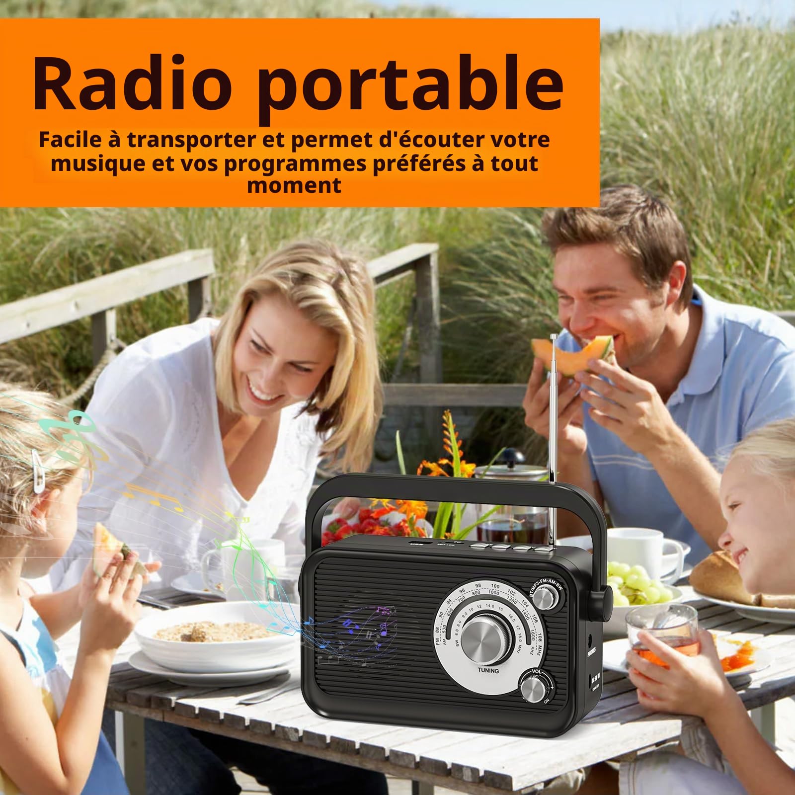 Radio Portable, Radio Portables FM/AM/SW, Alimentation Électrique et Piles, Radio à Piles avec Fonction Bluetooth et MP3, Radio Pourbureau/Cuisine/Camping/Urgences
