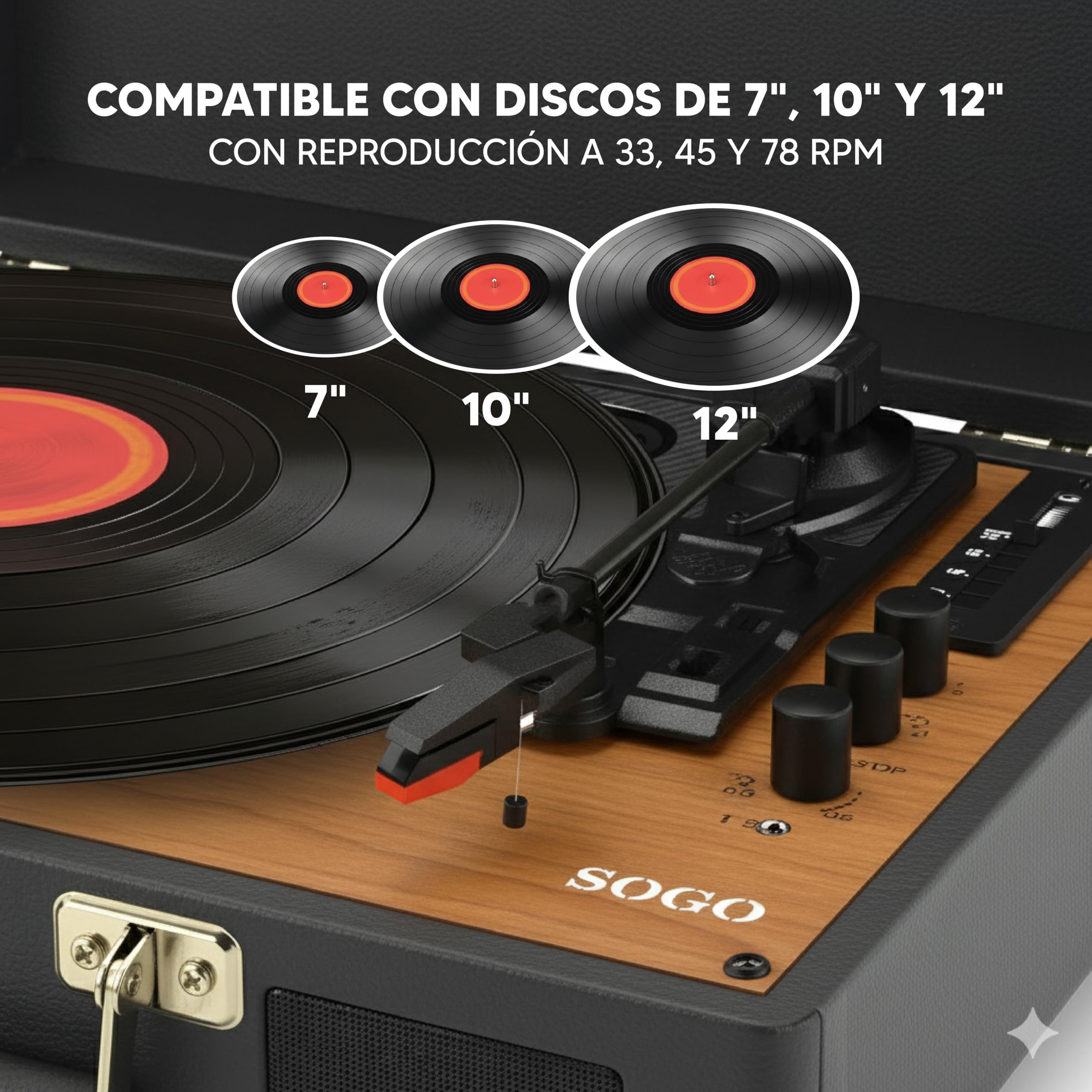 SOGO Tocadiscos Vinilo Bluetooth con Altavoz Integrado Reproduce 33 45 78 RPM - Tocadiscos Retro Moderno con Altavoz Interno - Toca Discos Vinilo Portátil con Diseño Compacto y Elegante
