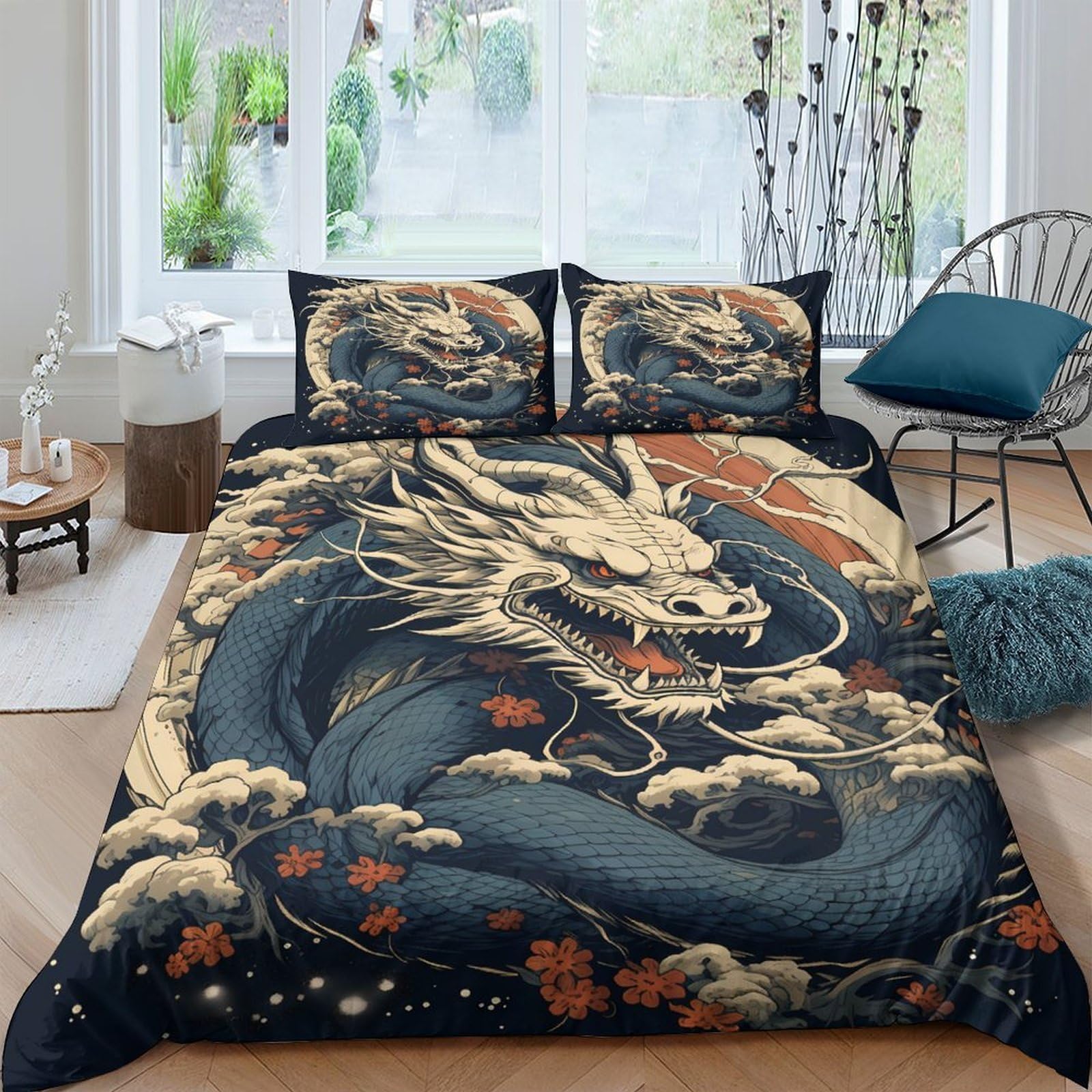 Ctjqhvkz Style-3 3D Printed Oriental Dragon Fitted Sheet Microfiber Dark Blue Cloud Bed Cover Anti-Slip Machine Washable For Bedroom Guest Room Single（135X200cm）