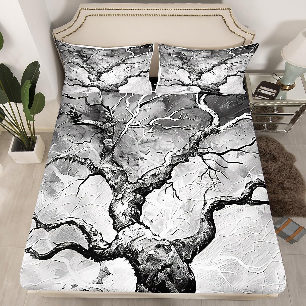 Grey Tree Fitted Sheet,Full Size Modern Artwork Geometry Collections,Tree Branch Bedding Deep Pocket for Children Teens Young with 2 Pillowcases(No Flat Sheet)