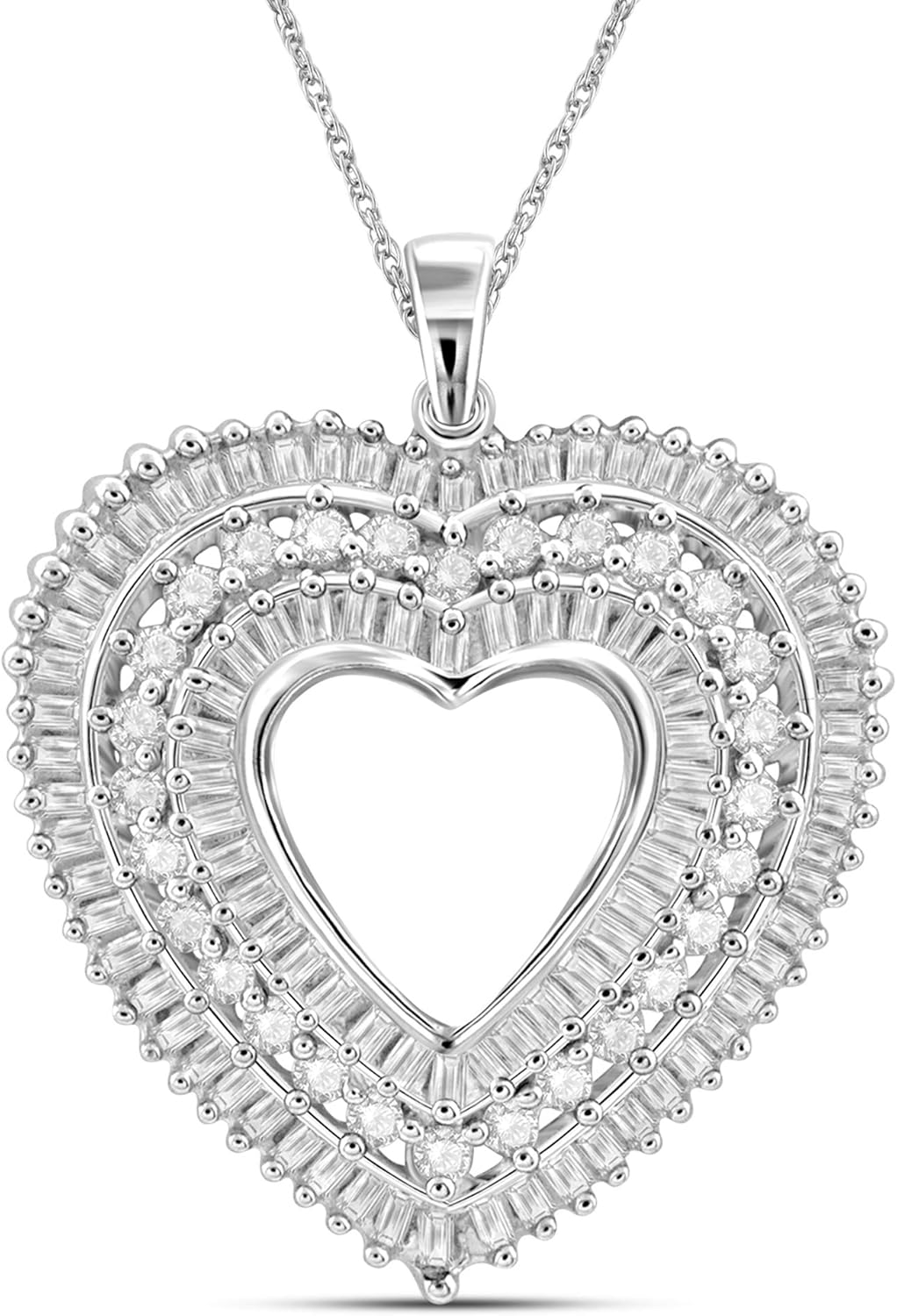 JEWELEXCESS Sterling Silver (.925) or 14K Gold over Silver Heart Necklace with 1.00 Carat White Diamonds | Jewelry for Women with Round & Baguette White Diamonds & 18 inch Rope Chain with Spring Clasp