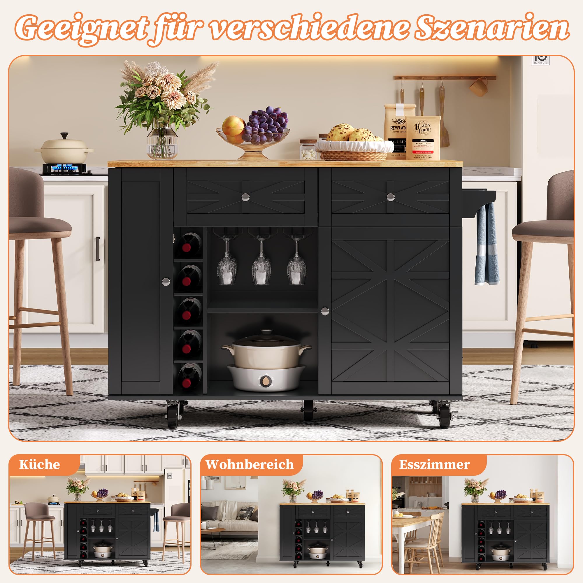 Generisch Isla de cocina plegable con ruedas, espacio de almacenamiento, color negro, 120 x 70 x 89 cm