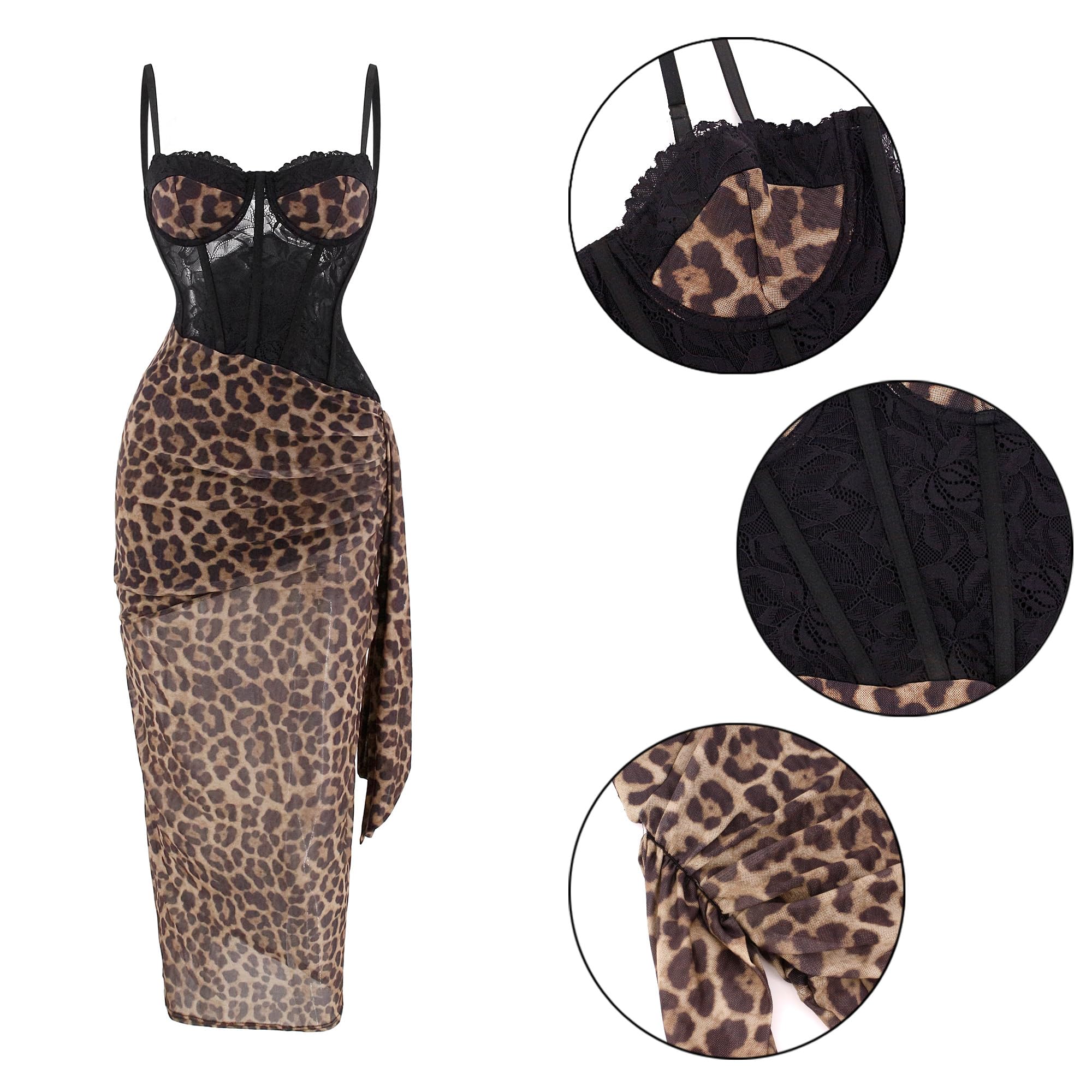 Naimo Damen Spitze Korsett Kleid Sexy Spaghettiträger Minikleider Cocktail Party Rüschen Bodycon Kurz Kleid