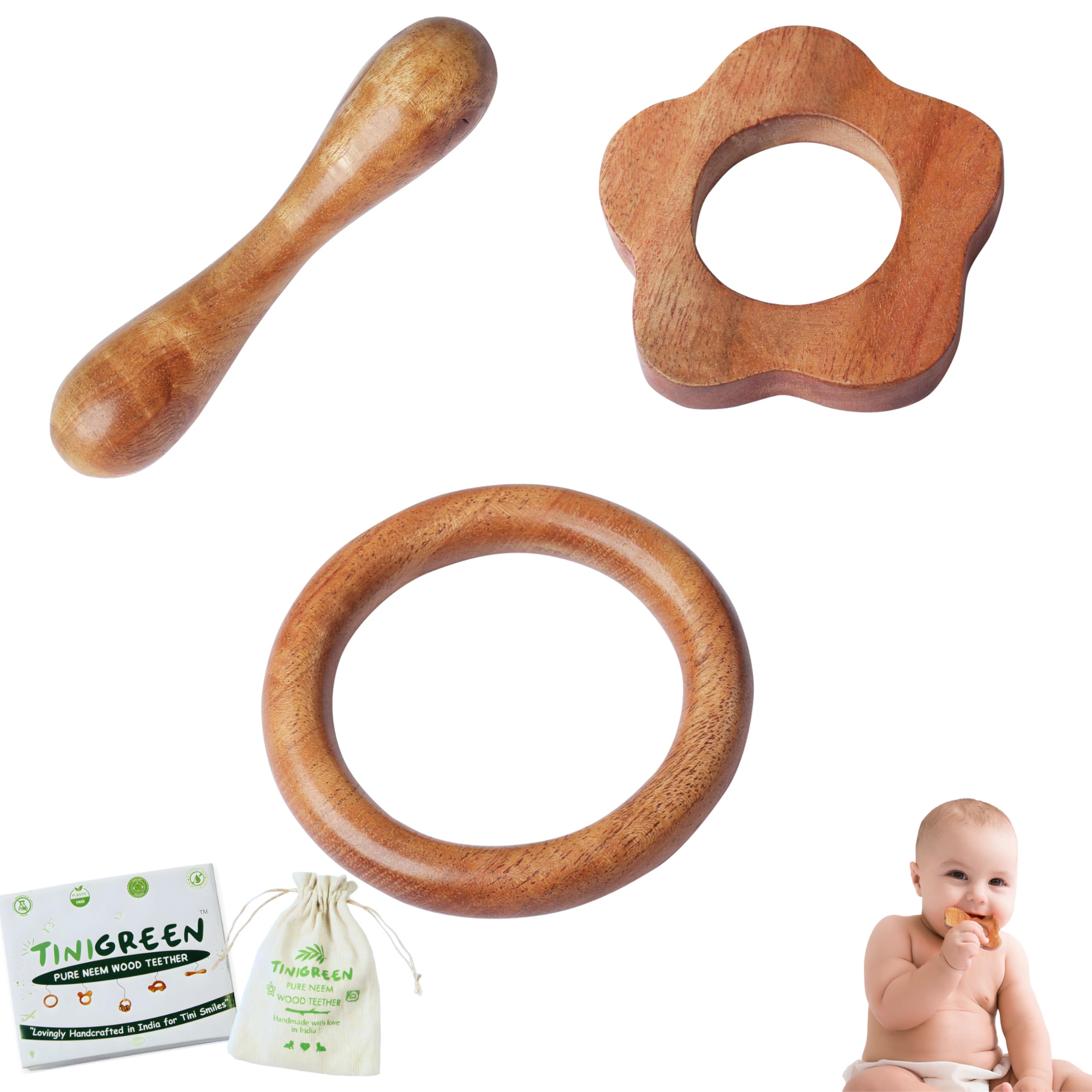Mushroom Ring Dumbbell Shaped Organic Neem Wood Teether for 6 to 12 Months Infant Baby (Star Ring Dumbbell Shape)-image-38