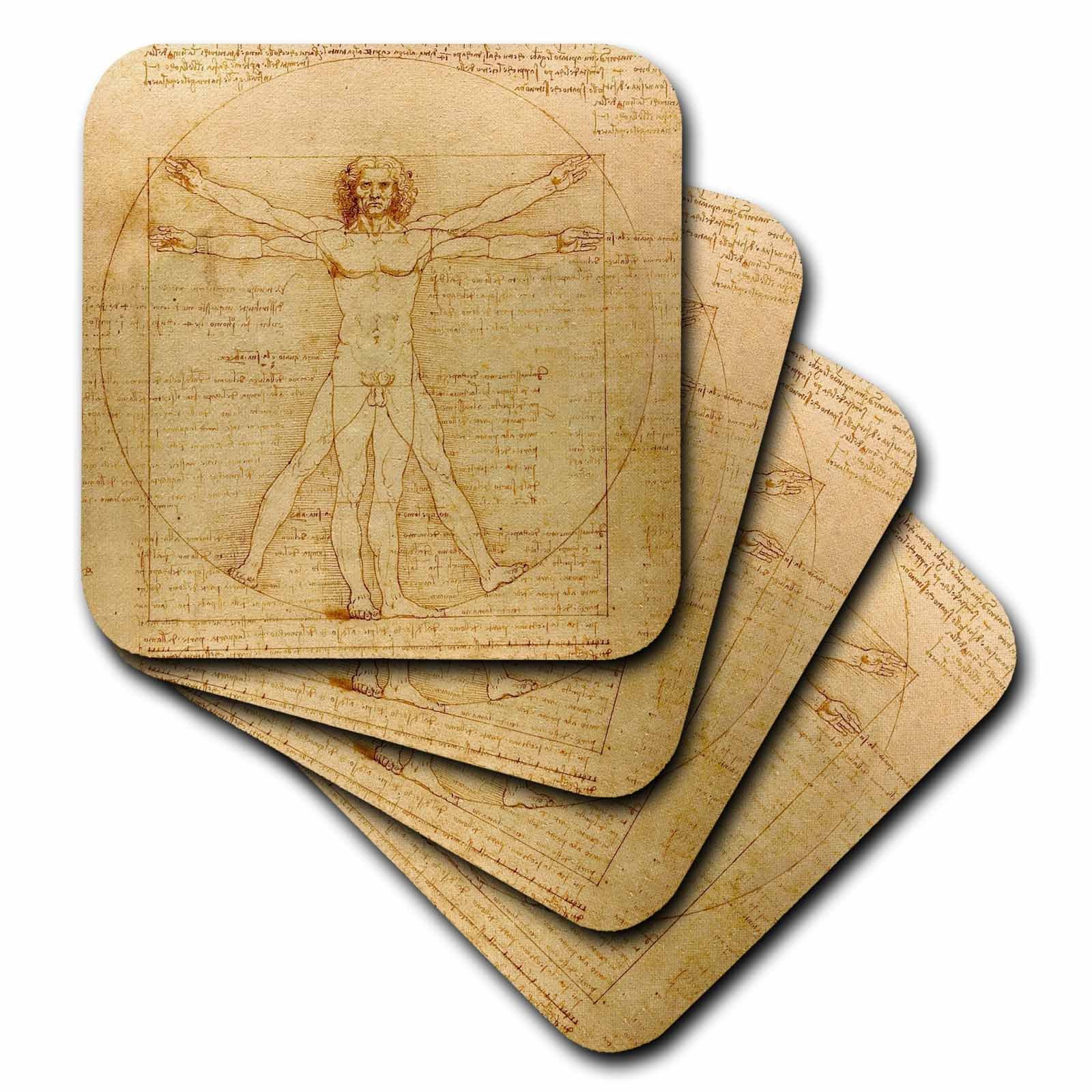 3dRosecst_155633_1 Vitruvian Man by Leonardo Da Vinci 1490-Fine Anatomical Art-Human Anatomy Pen and Ink Drawing-Soft Coasters, Set of 4