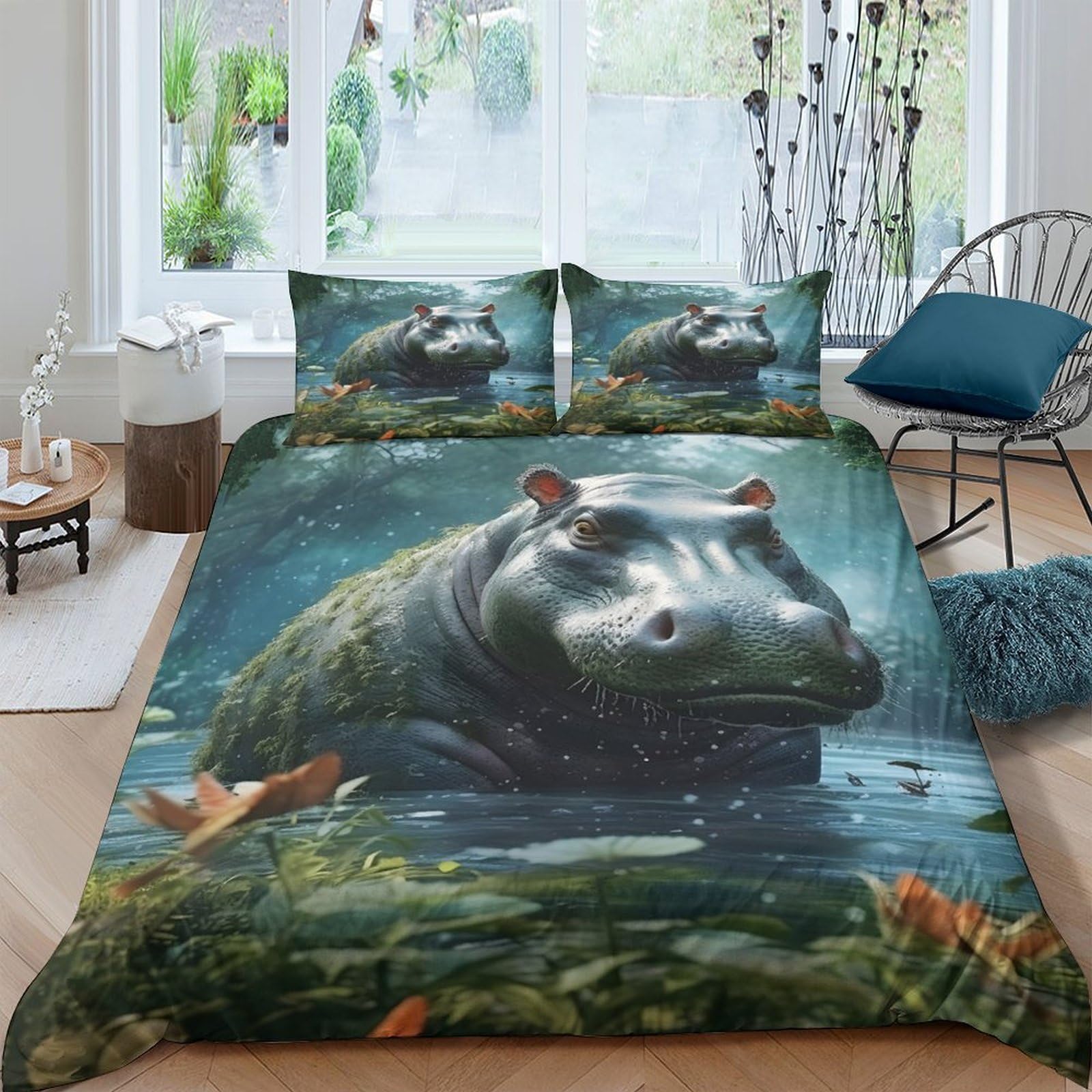Ctjqhvkz Style-7 3D Printed Hippo River Fitted Sheet Microfiber Soft Breathable Pond Wildlife Bed Cover For Bedroom Decor Single（135X200cm）