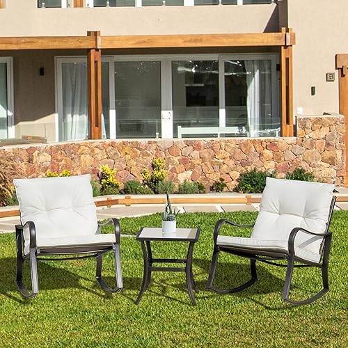 domi outdoor living Juego de 3 mecedoras de bistró 2021 - Juego de mecedoras de mimbre para exteriores acero negro con cojines mesa de centro con