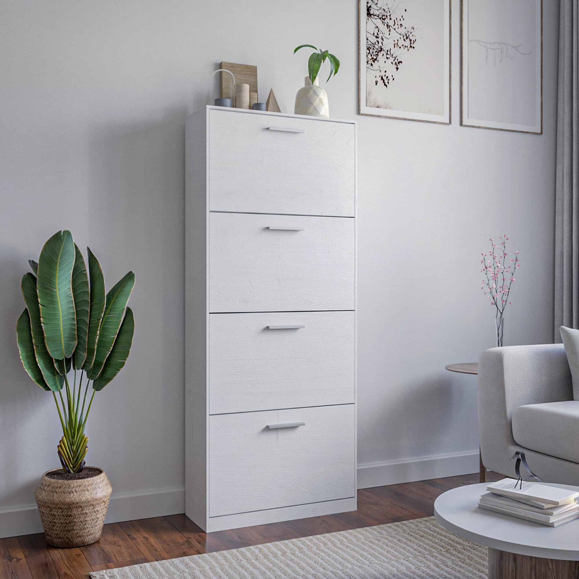 ZIK - Scarpiera Salvaspazio Slim in Legno (63x24x154) Doppia profondità Scarpiera da Ingresso Verticale 4 Ante, Moderna, Scaffale Scarpe di Design Adatti a Vari Stili di Arredamento (Bianco)