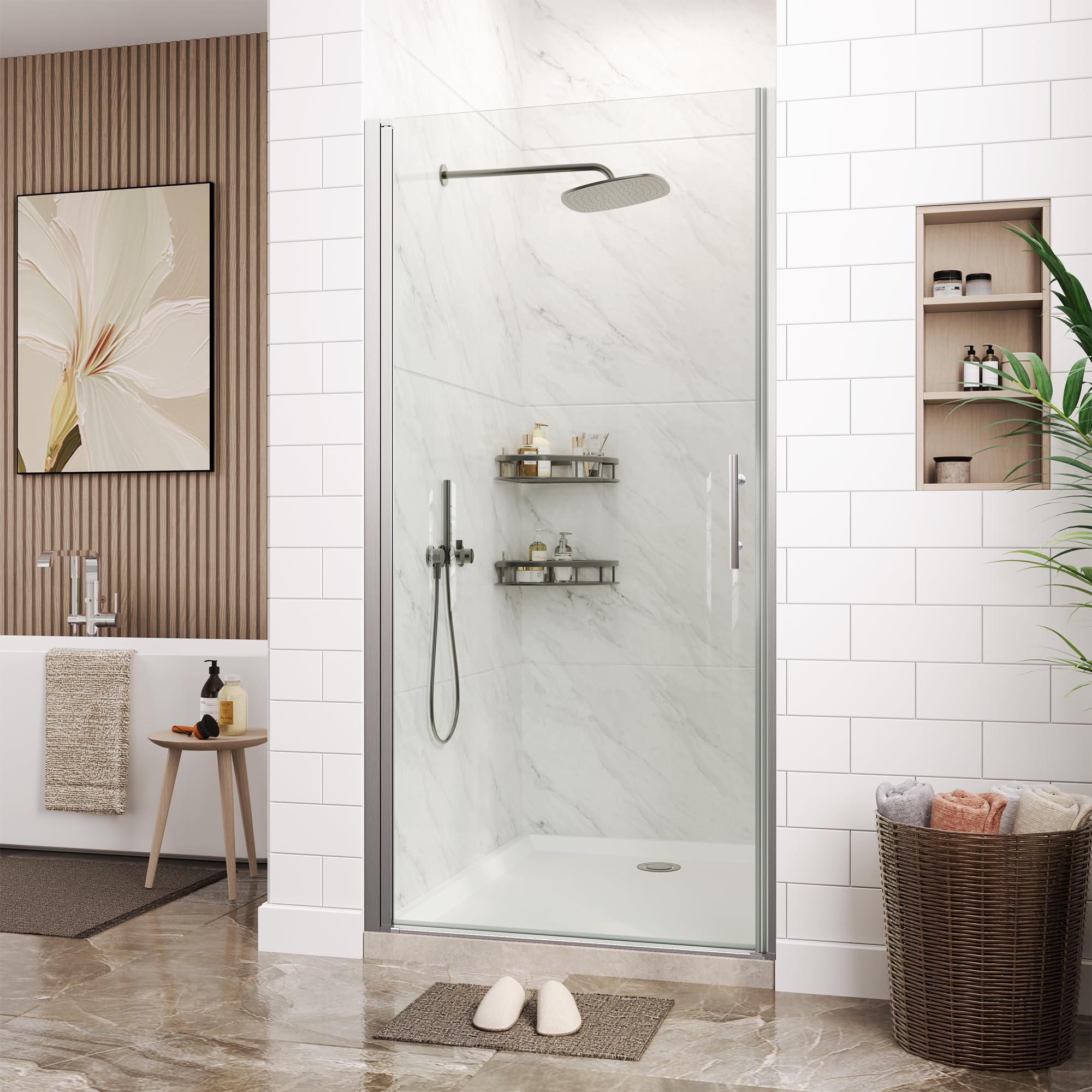 72" x 34" Frameless Pivot Shower Door – Pivot Swing Shower Door with 1/4" Clear Tempered Glass,Brushed Nickel Finish, Waterproof &amp; Easy to Clean