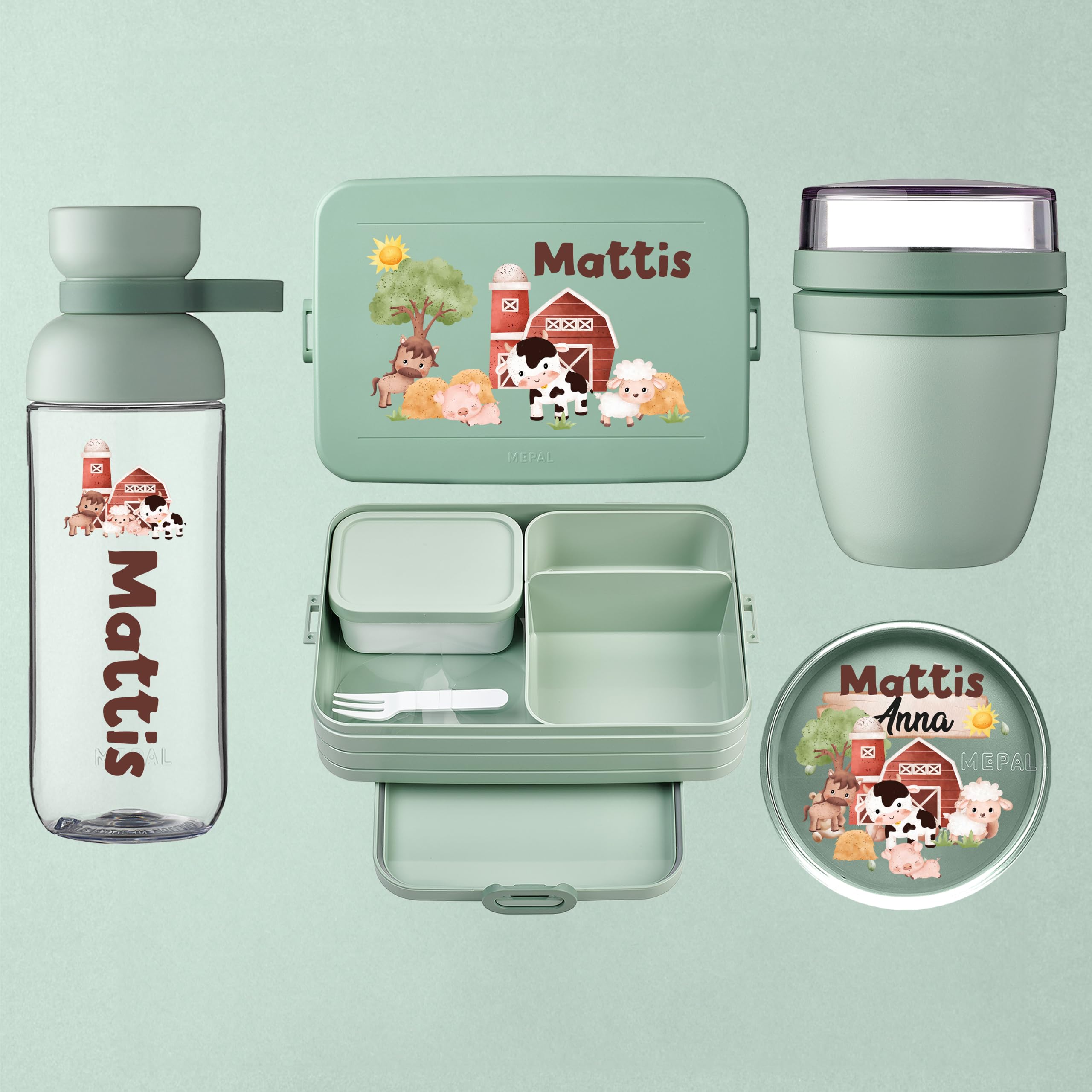 Mepal Personalisierte Brotdose Trinkflasche | Bauernhof Kuh Schaf Pferd