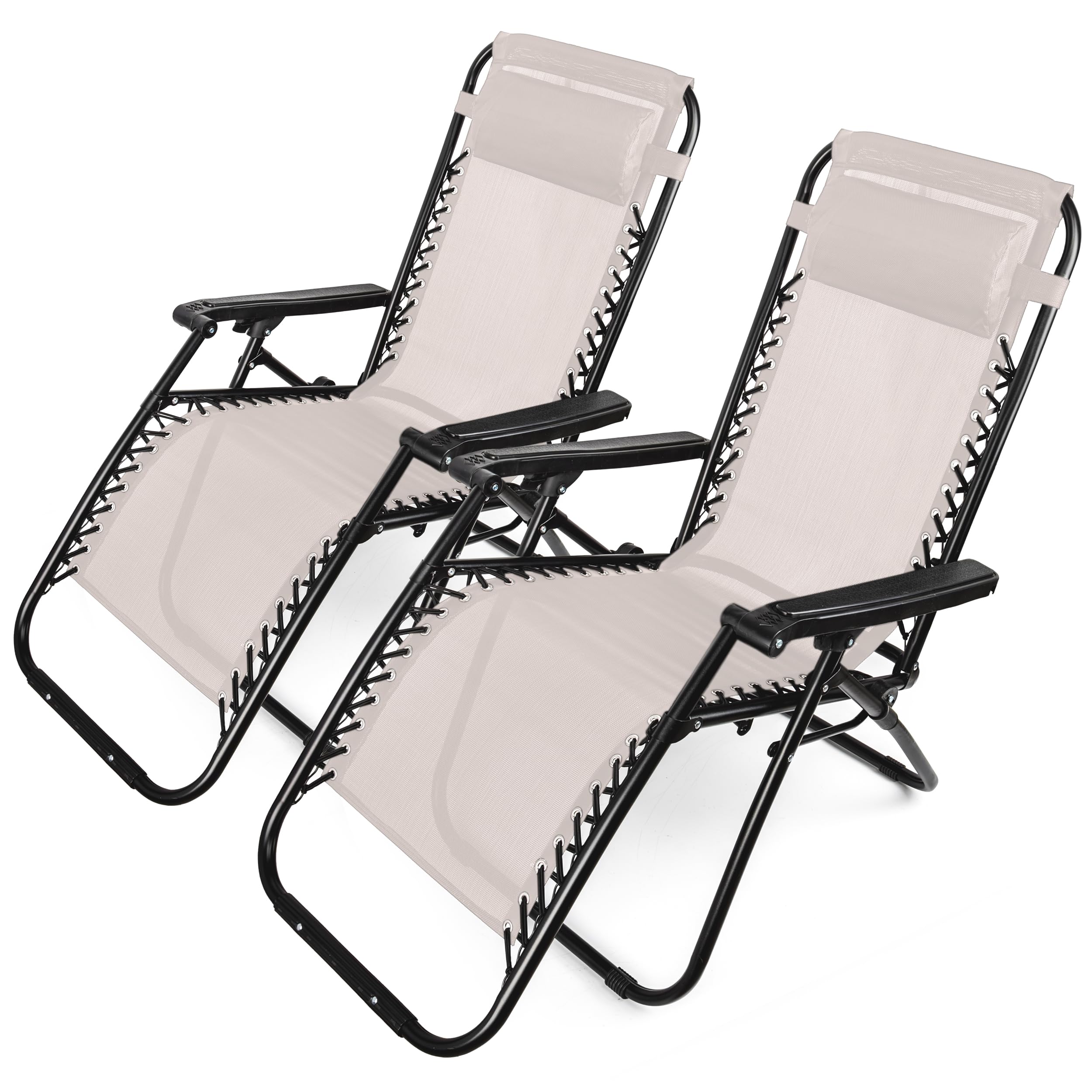 Set 2 Tumbunas Reclinable Plegable para Jardín, Balcón Terraza y Playa - Tumbona con Reposacabezas Extraíble Carga Máxima 110Kg - Color Crema