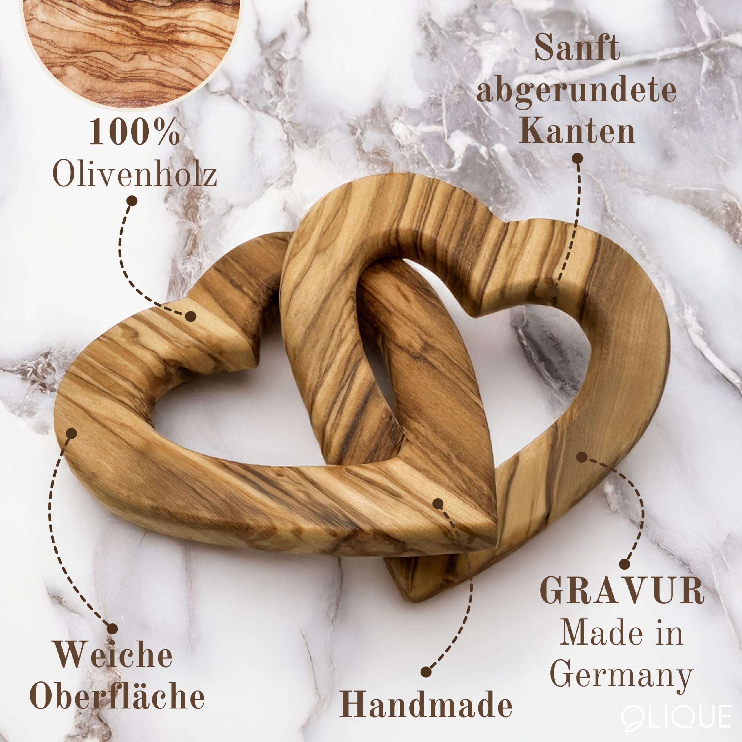 Cuori in legno, legno d'ulivo - Cuori collegati come regalo personalizzato (15 cm)