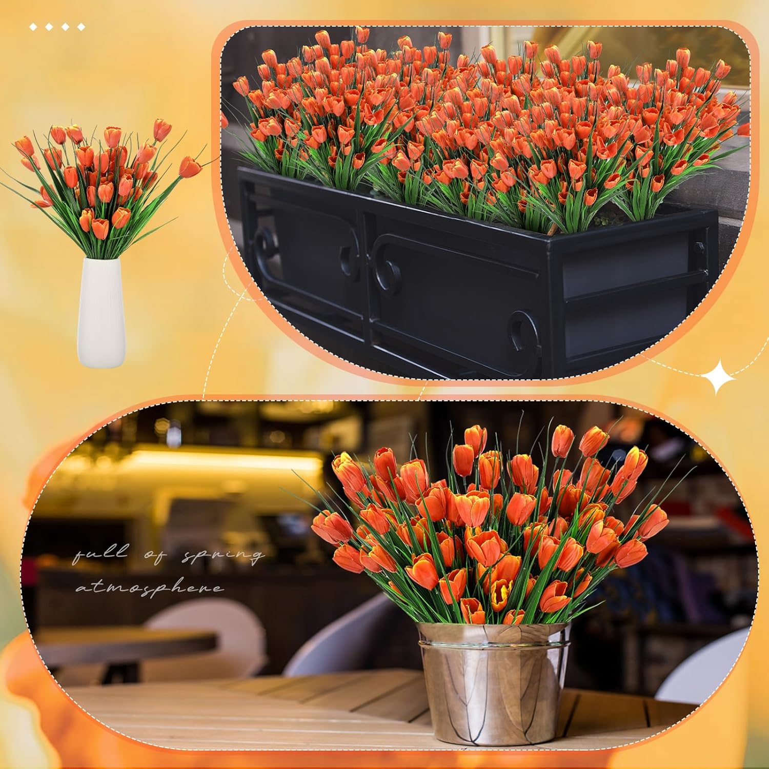 XunYee 100 Pcs Artificial Tulips Fake Flowers Bulk Plastic Faux Tulip Stems 16 Inches Spring Flowers for Outdoor Garden Indoor Home Wedding Mother Day Office Table Centerpieces Vase Decor(Orange)