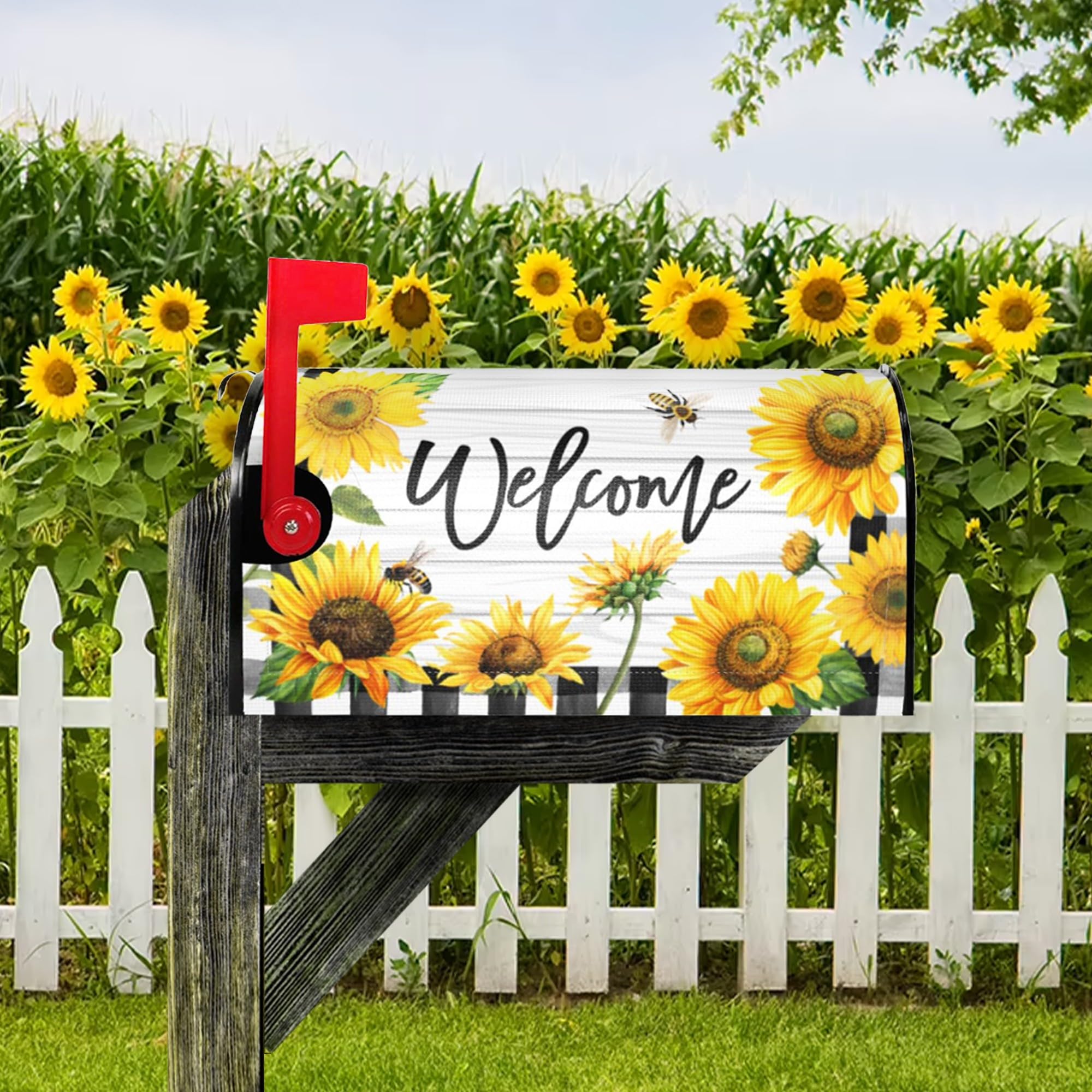 Summer Sunflowers Mailbox Cover Magnetic Welcome Floral Checkered Mailbox Wraps Post Letter Box Cover for Garden Yard Home Decor Standard Size 21