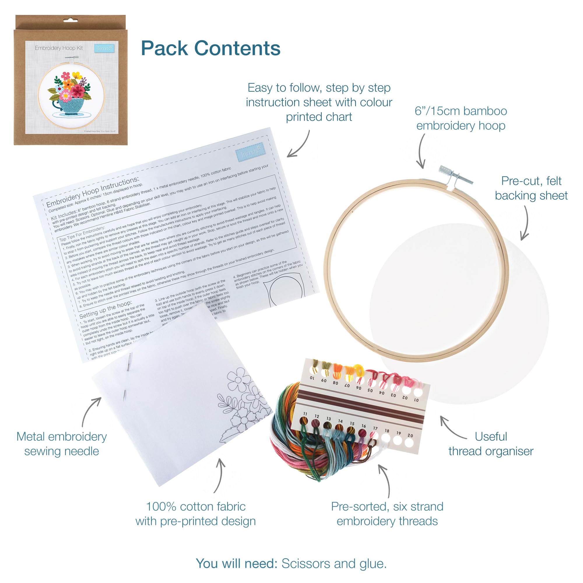 Trimits Embroidery Hoop Kits, 15cm 6” Beginner Starter Set, Includes Bamboo Hoop Threads Cloth Needle Backing & Instructions - Image 3