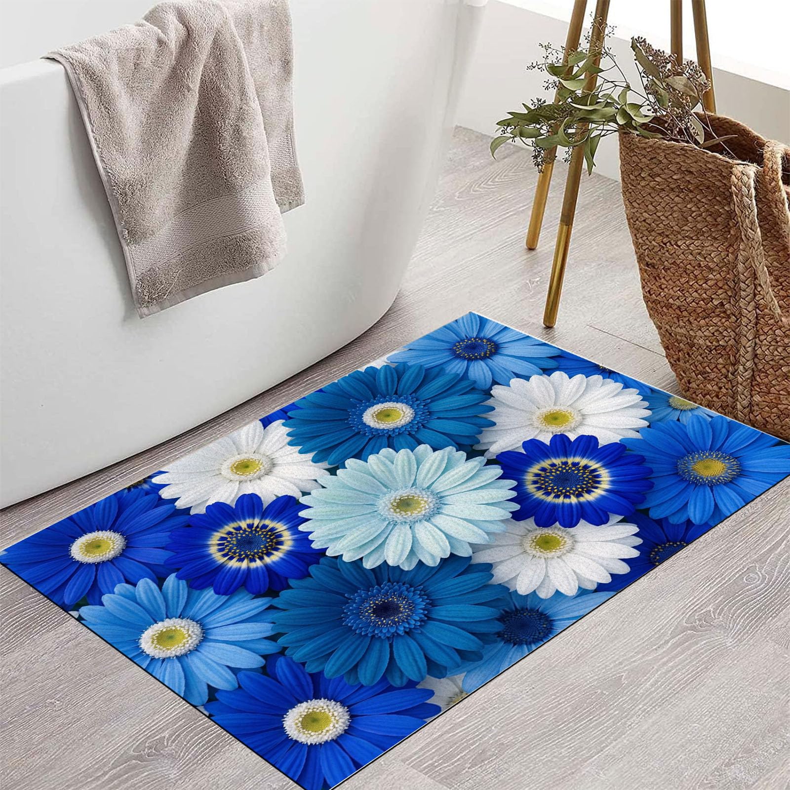Zerbino Ingresso Interno Gerbera Con Sfumatura Realistica, Zerbino Di Benvenuto Lavabile Morbida Piante Fresche, Antiscivolo Tappeto Da Decorazioni Blu Per Casa Porta, 60X90Cm