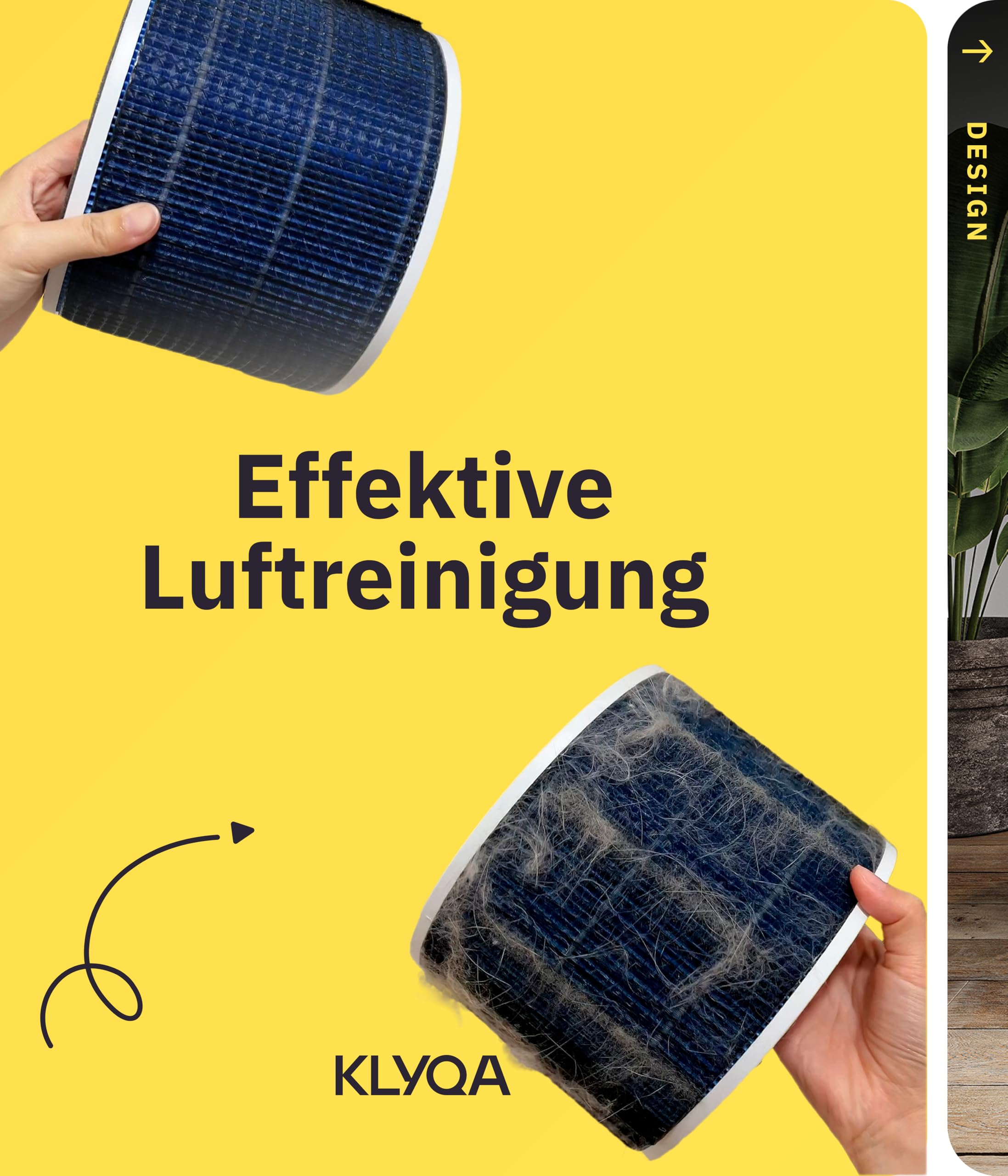 Klyqa Luftreiniger Allergiker 360° HEPA-Filter Leaf entfernt 99,99% der Tierhaare, Staub & Pollen I 300 CADR I 21,5Db Geräuscharmer Luftfilter I Smart Air purifier gegen Tierhaar I Server in DE
