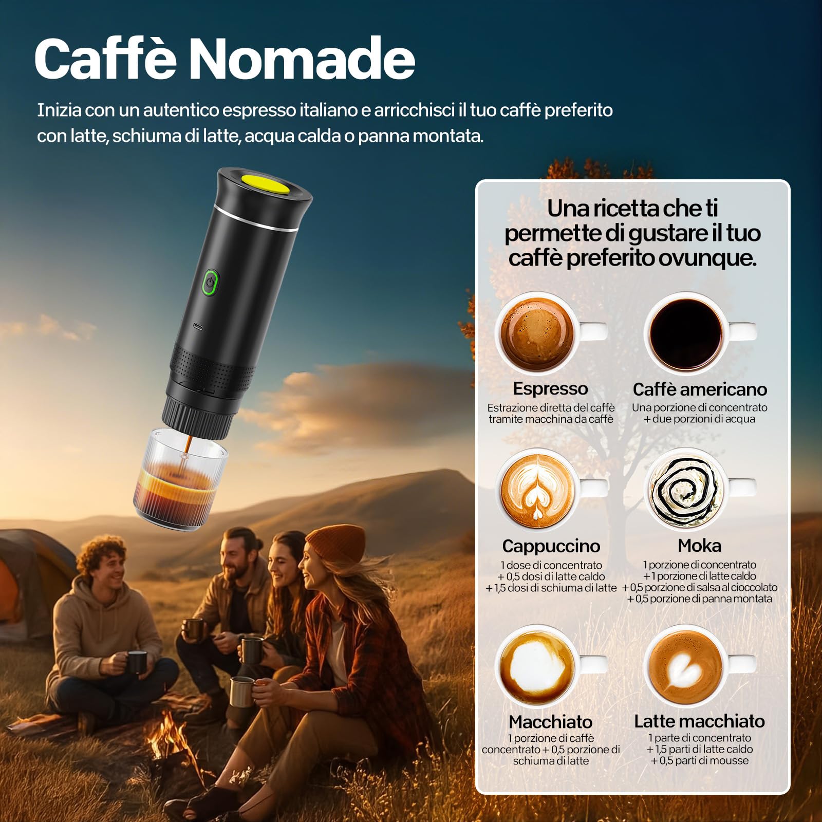 VHV Macchina Caffe Portatile 3 In 1 Macchina Caffe, 3 Minuti Di Auto-Riscaldamento, Caffettiera Elettrica Compatibile con Piccole Capsule, Grandi Capsule, Caffe Macinato, Per Ufficio, Auto (Nero)