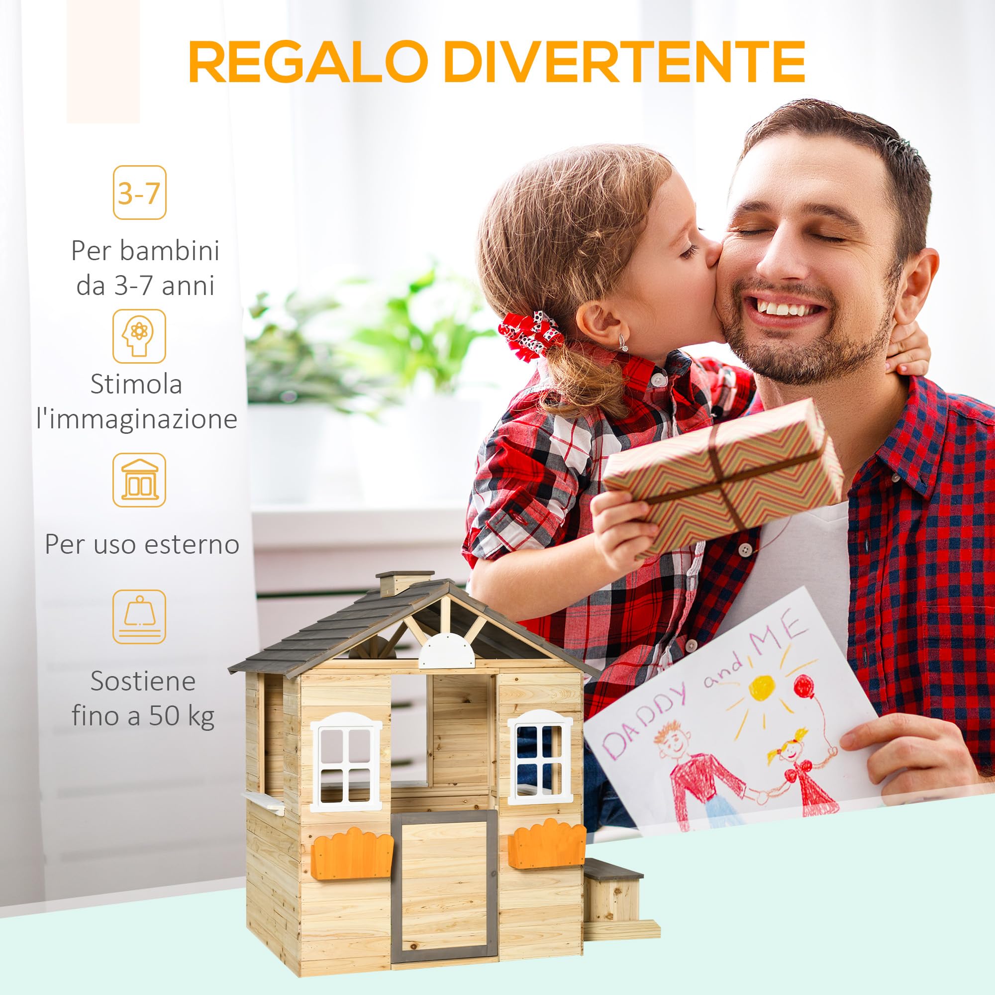Outsunny Casetta Bimbi 3-7 Anni a 2 Finestre con Portavasi, Panchina e Stazione di Servizio, Casetta per Bambini in Legno di Abete e PP con Tetto Inclinabile, 113x94x134.5 cm