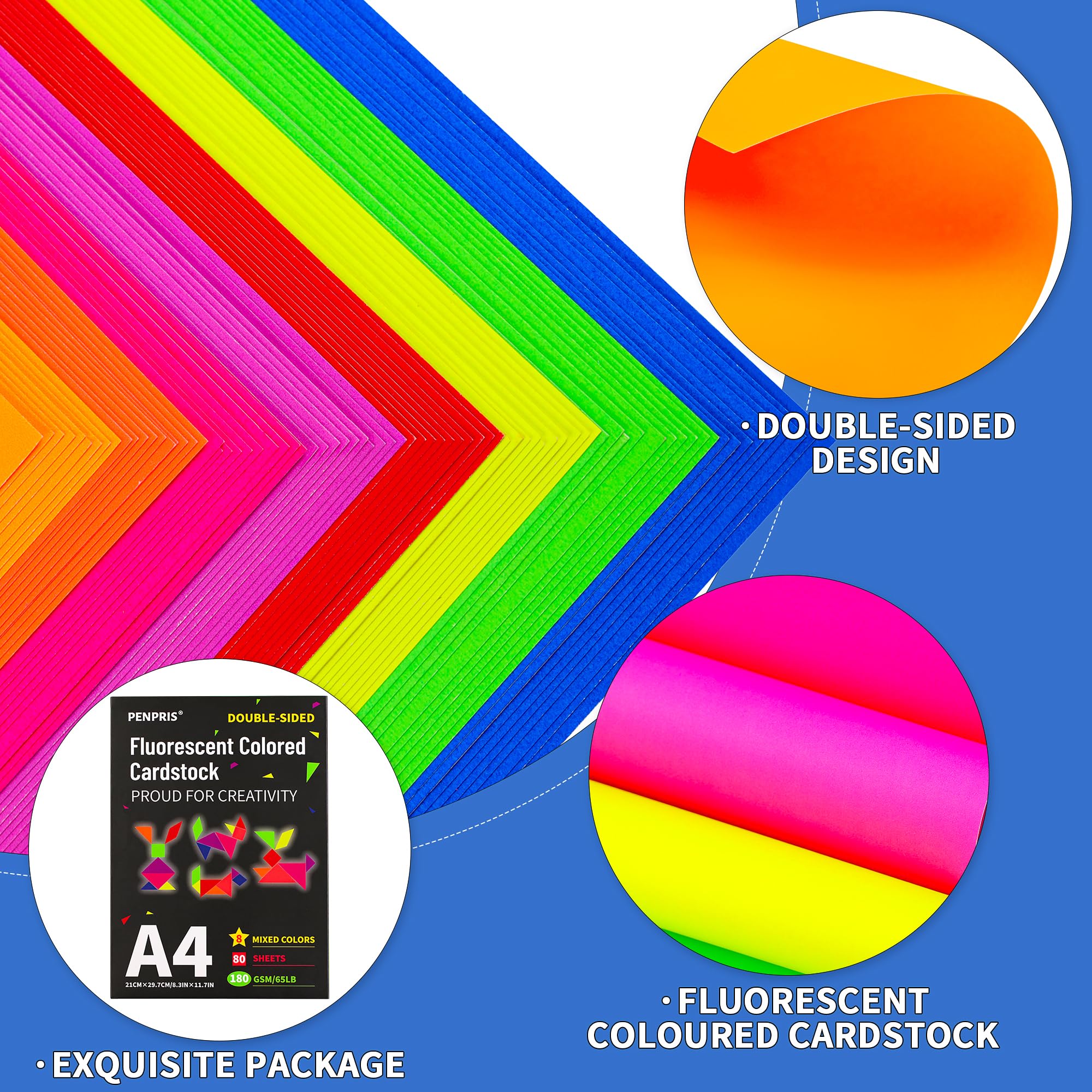 80 Sheets Fluorescent Coloured Cardstock, 8 Colours Art Crafts Construction Paper - Image 3