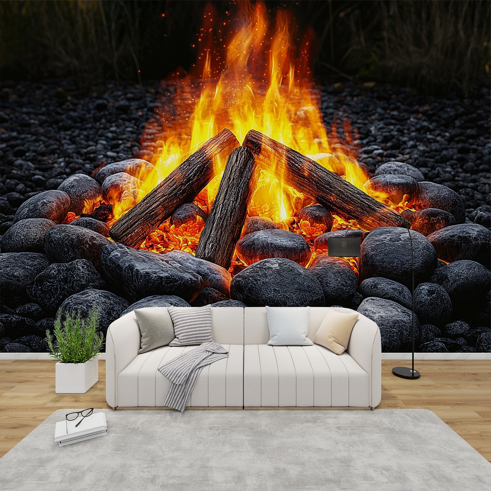 AevuCub Bonfire Wallpaper for Living Room - Camping Campfire Wall Murals for Bedrooms, River Rocks Wall Art, Non-Woven Photo Wallpaper 3D Effect, 200x140 cm