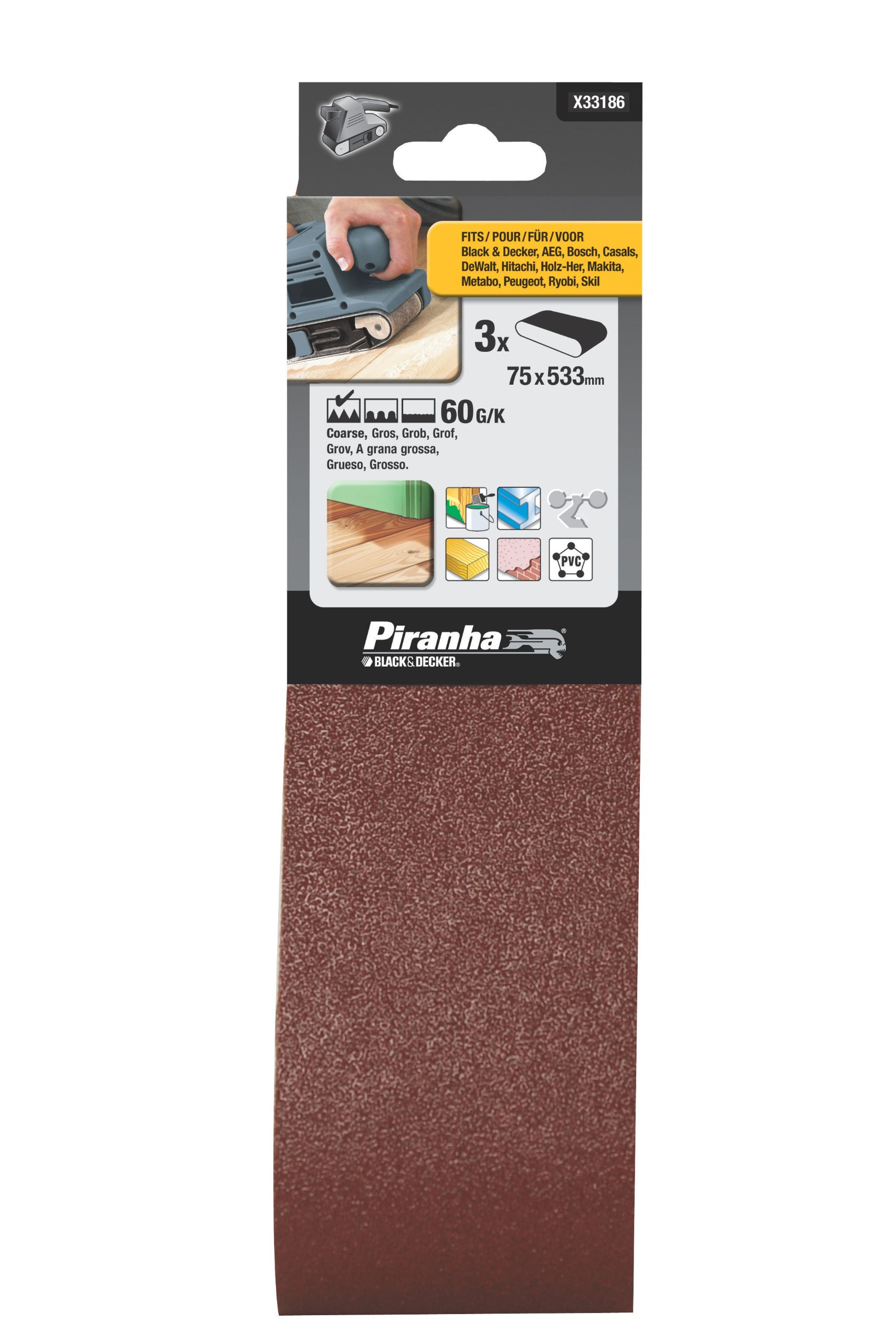 Piranha Black Sanding Belt Grit 60 (75 X 533 Mm, Coarse Grit, +Decker) Pack Of 3, X33186