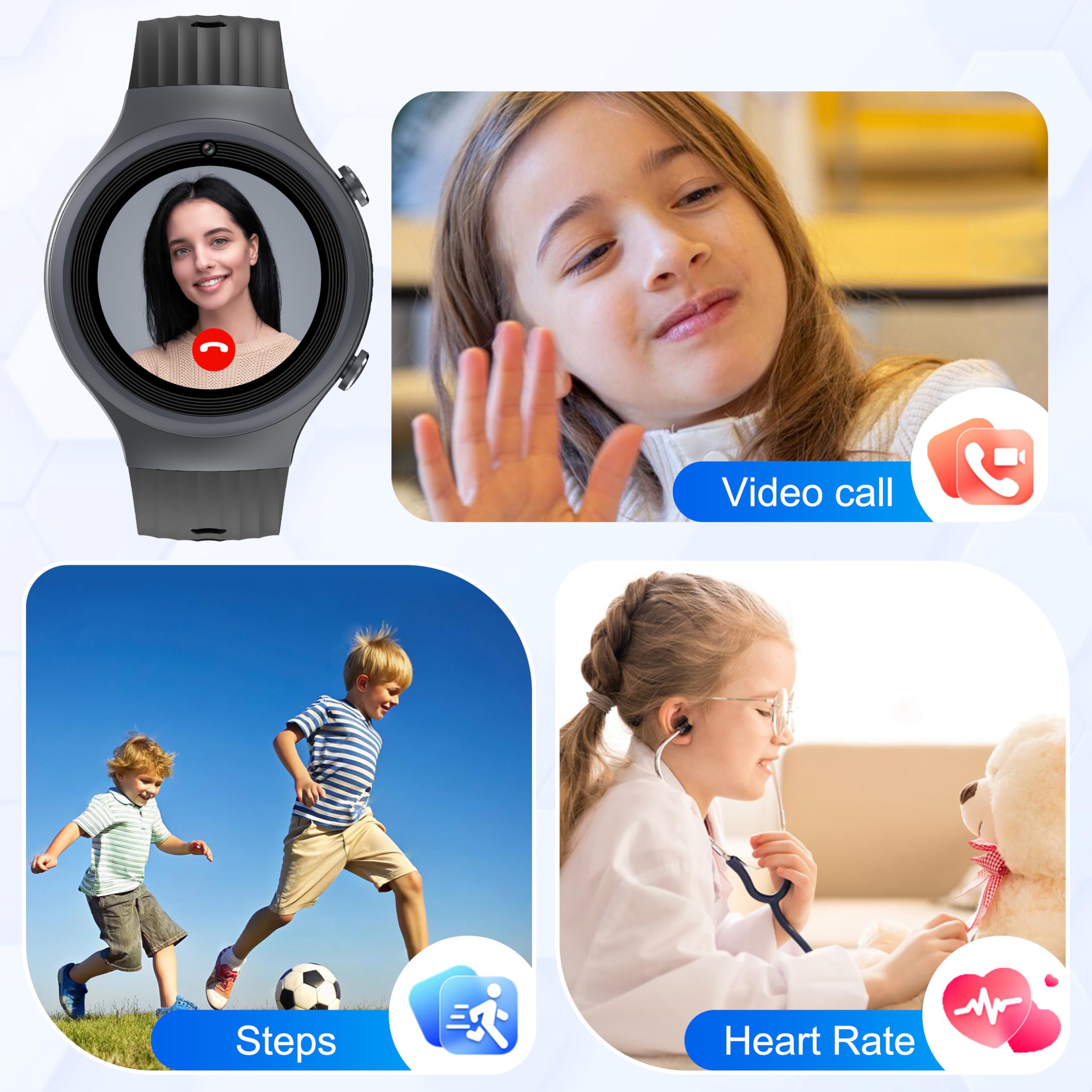 4G Reloj Inteligente Niño, Smartwatch Niños GPS y Llamadas Wifi Videollamadas, SOS, IP68, Chat de Voz, Modo Escuela, Pulsómetro,Despertador, Regalos para Niñas y Niños de 4 a 12 Años (Negro claro)