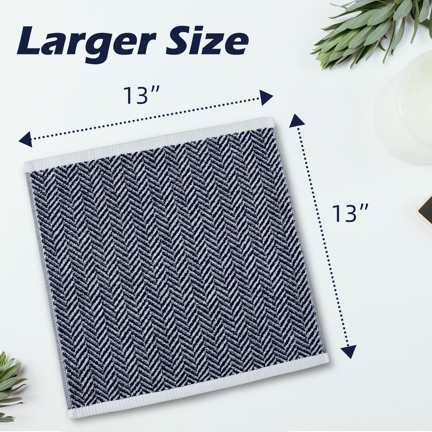 Cleanbear Wash Cloths for Showering with Striped Herringbone Patterns, 12 Cotton Washcloths for Bathroom, Large 13 X 13 Inches, Navy-Blue