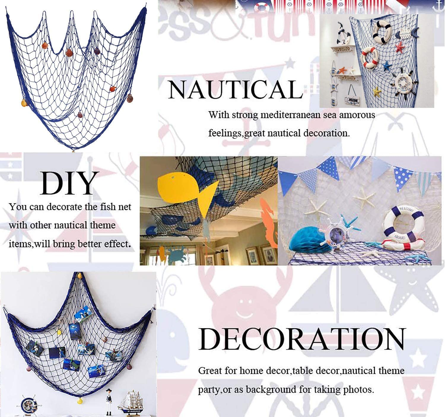 Fish Net Red Pesca Decoracion con Conchas,Red de Peces Decoración de Pared,Marco de Colgante Náutico Estilo Foto Playa del Océano Mediterráneo Decoración del Hogar 100 cm × 200 cm Azul