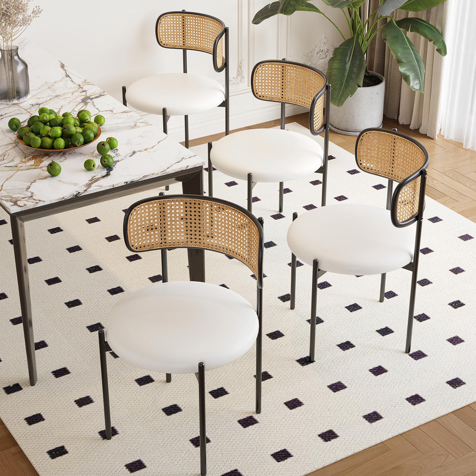 Farini Dining Chairs Set of 4, PU Leather Upholstered Seat with Woven Rattan Back, Sturdy Metal Legs Modern Side Chairs for Kitchen Living Room